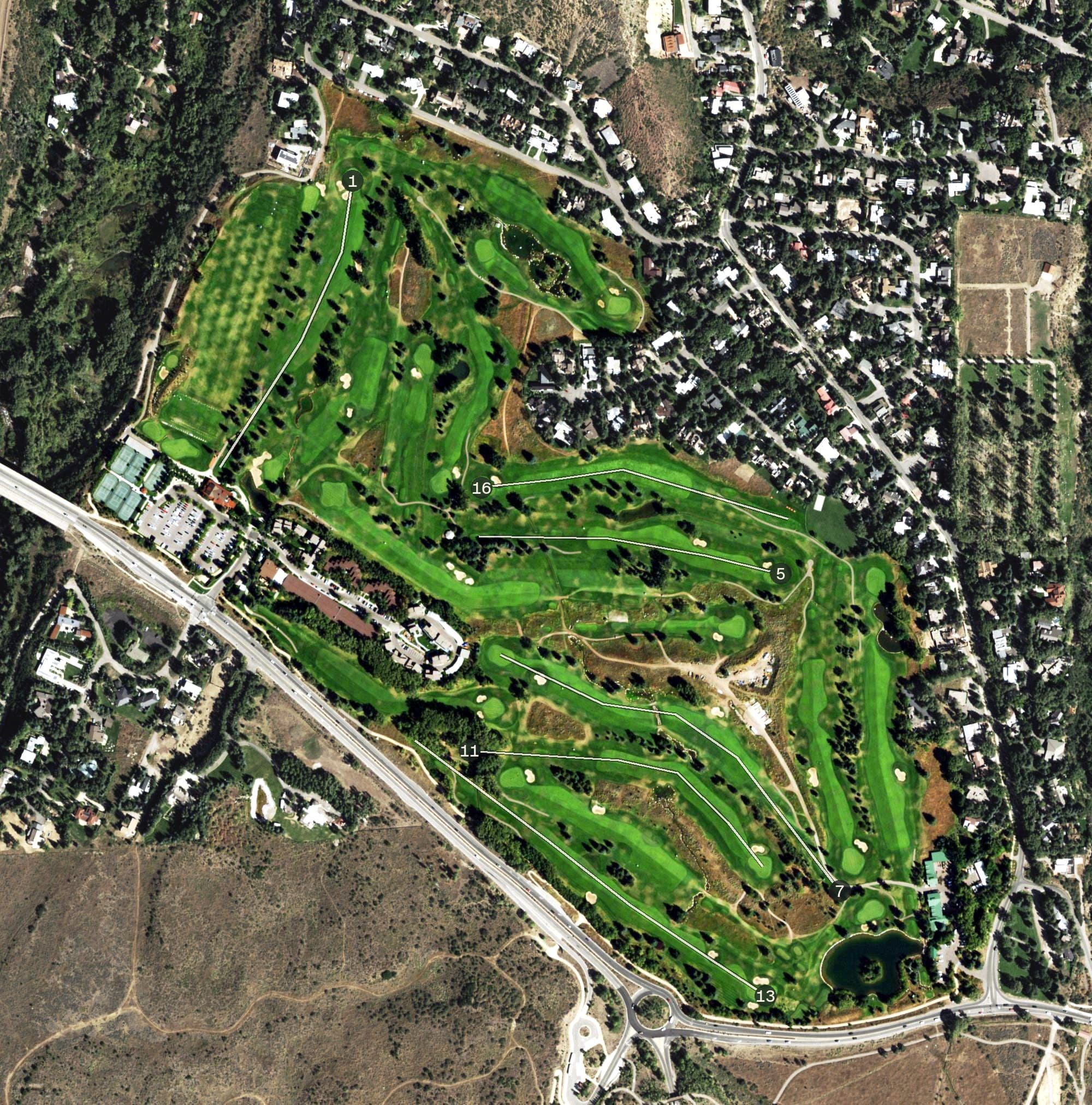 Aerial view of Aspen Golf Course, CO, with its hole routing marked