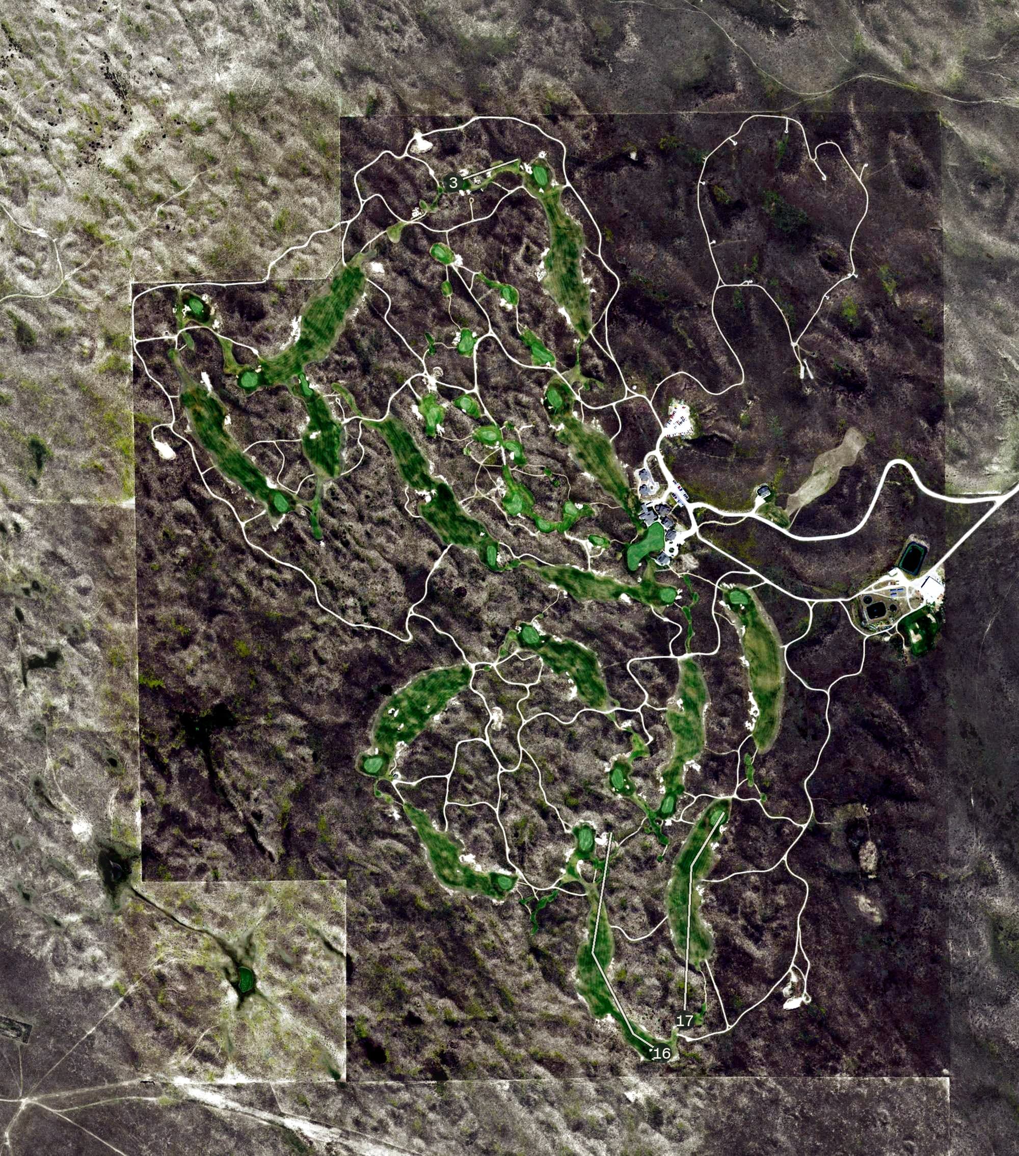 Aerial view of Ballyneal Golf and Hunt Club, CO, with its hole routing marked