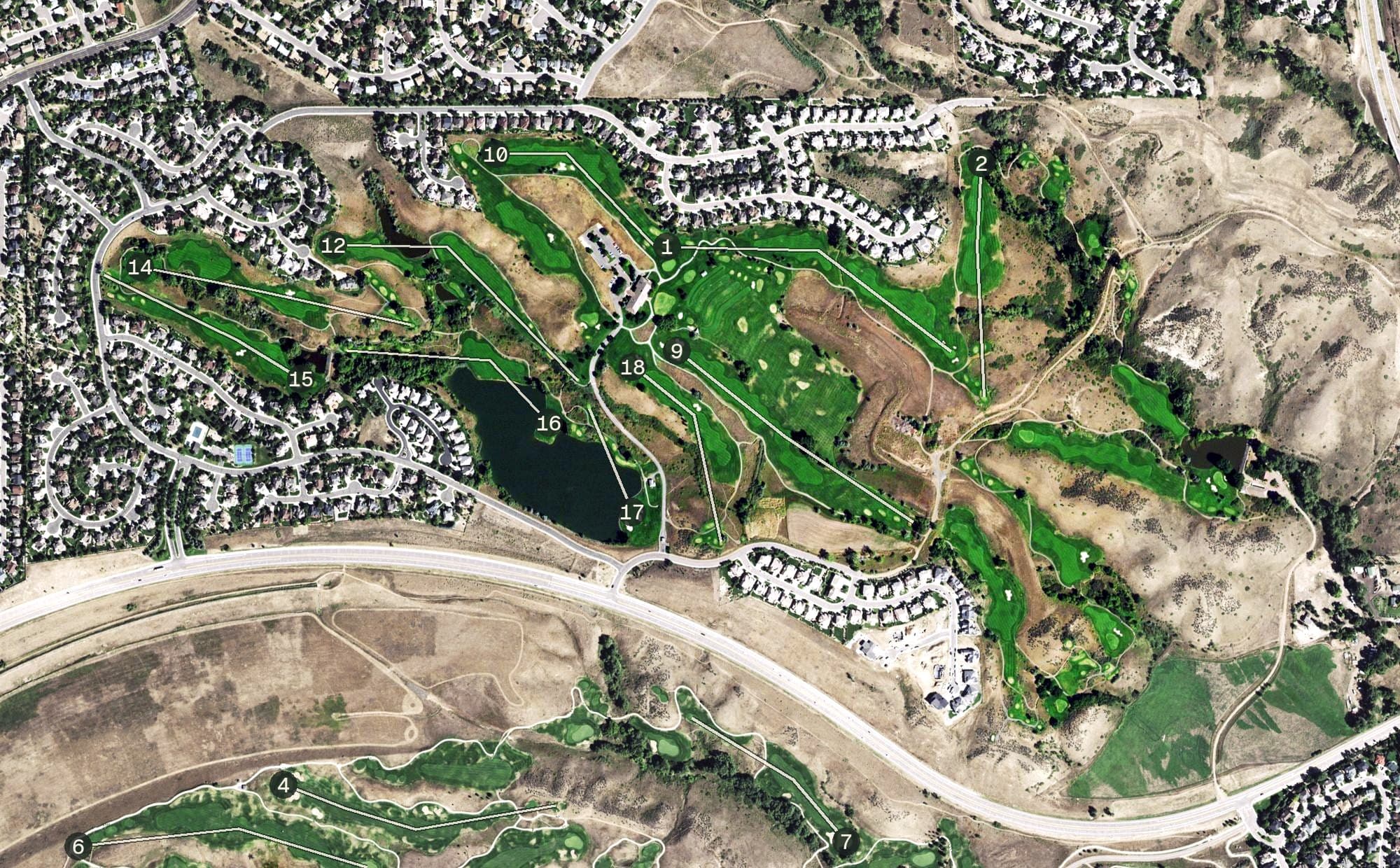 Aerial view of Bear Creek Golf Club, CO, with its hole routing marked