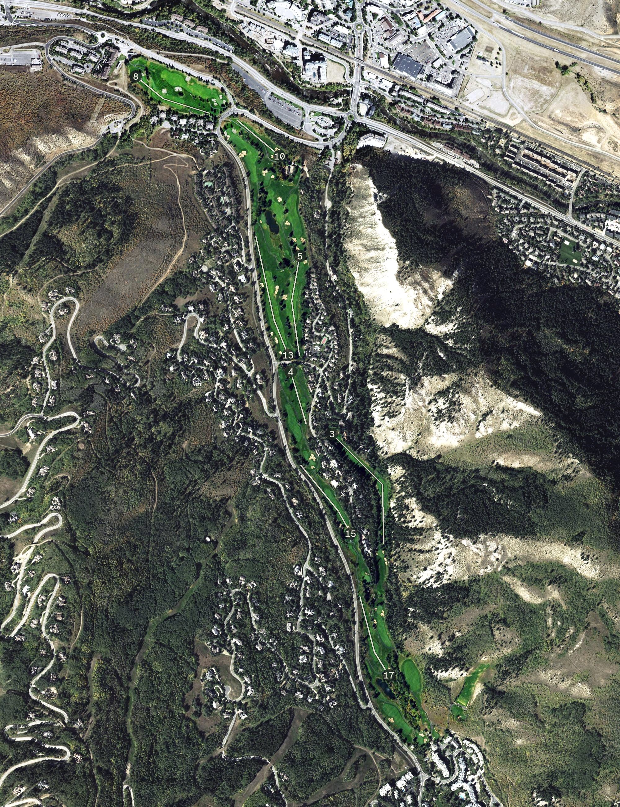 Aerial view of Beaver Creek Golf Club, CO, with its hole routing marked