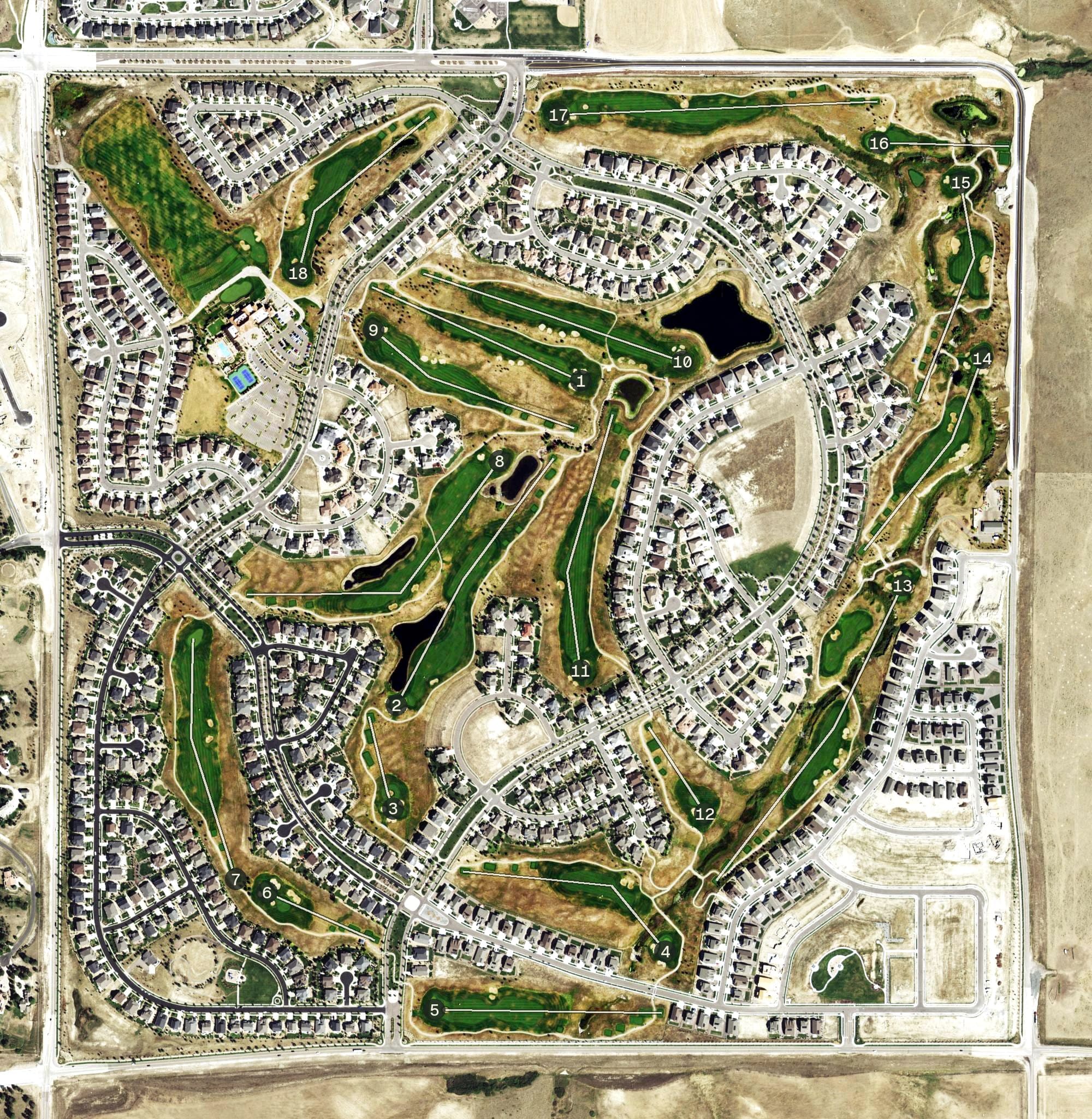 Aerial view of Blackstone Country Club, CO, with its hole routing marked