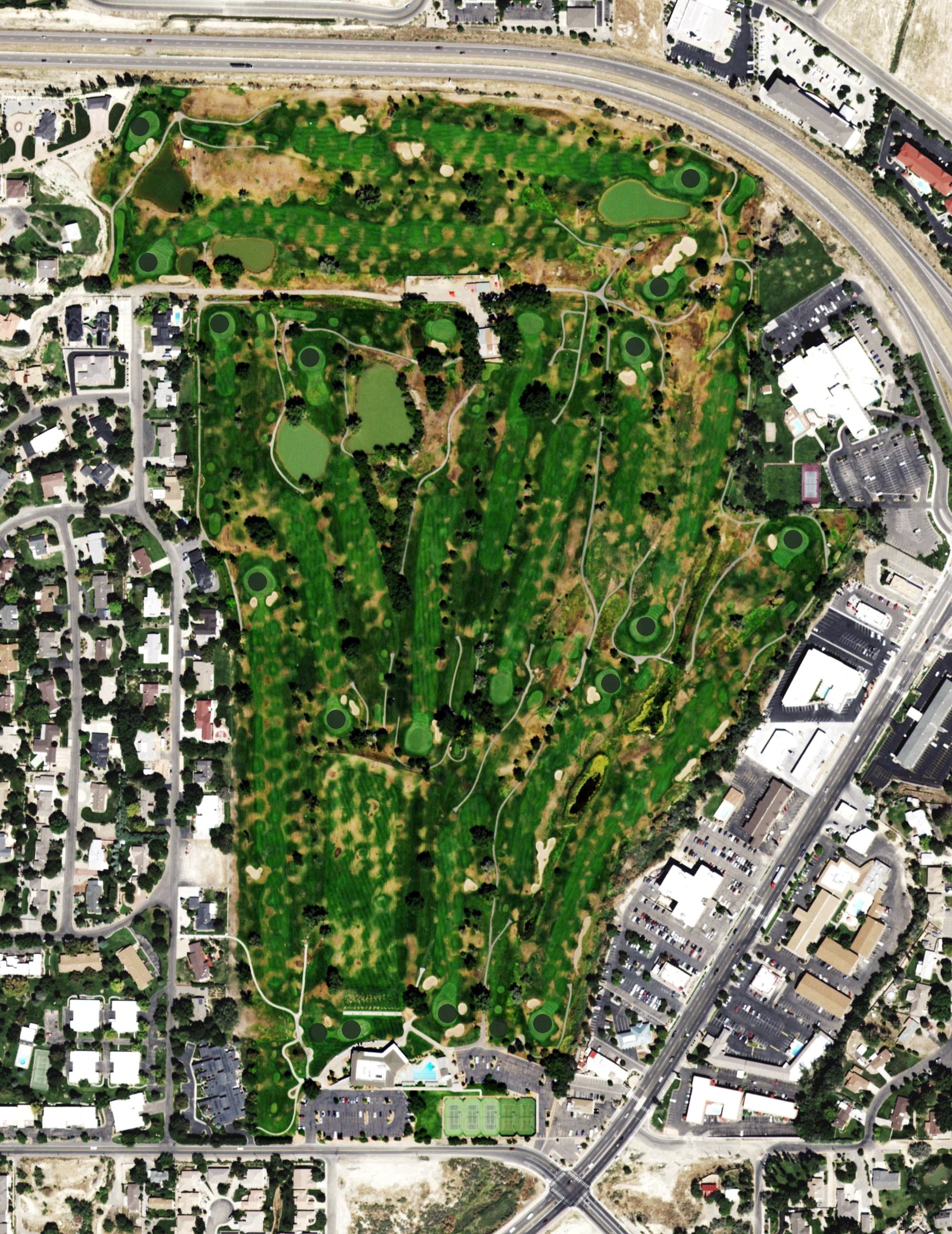 Aerial view of Bookcliff Country Club, CO, with its hole routing marked
