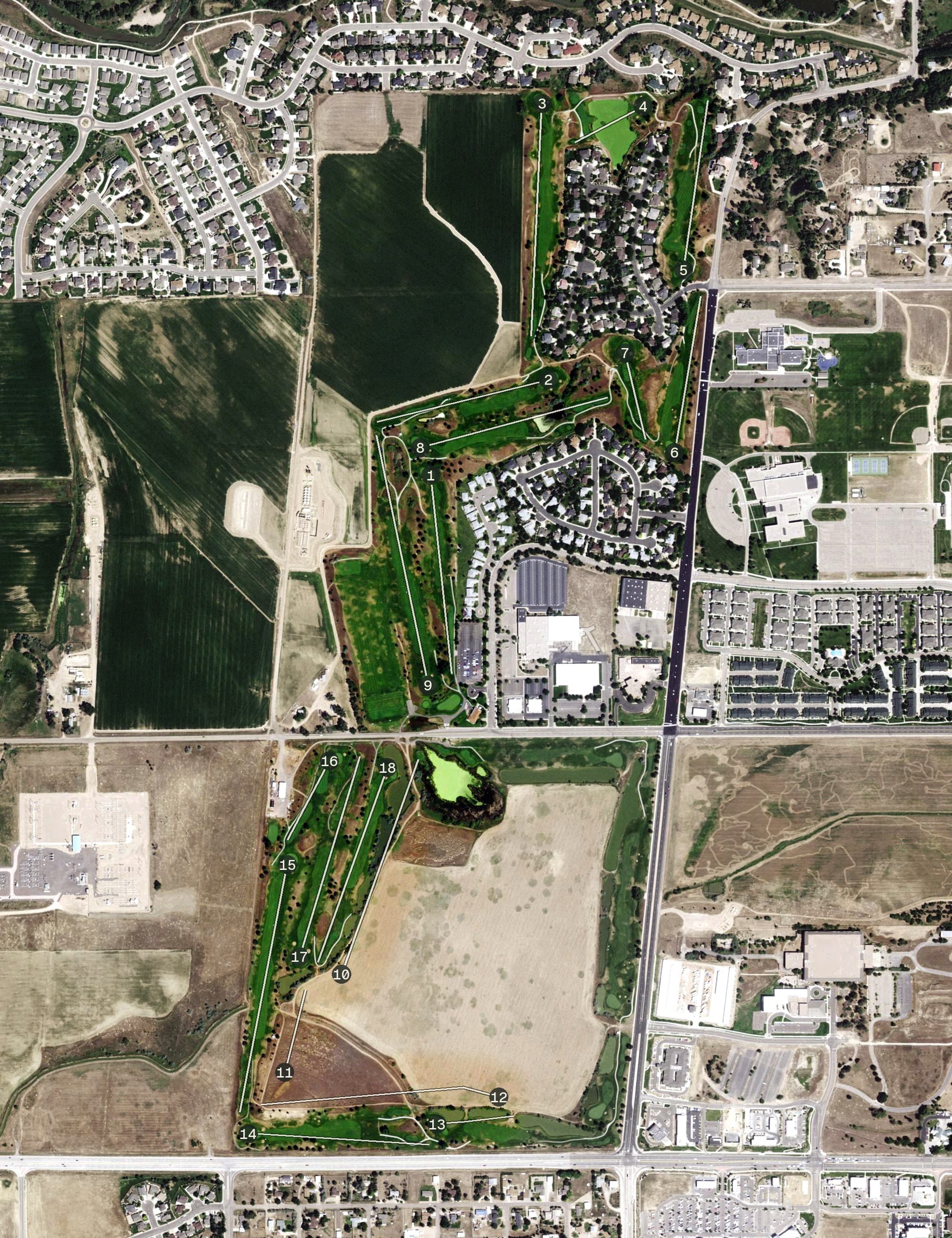 Aerial view of Boomerang Links, CO, with its hole routing marked