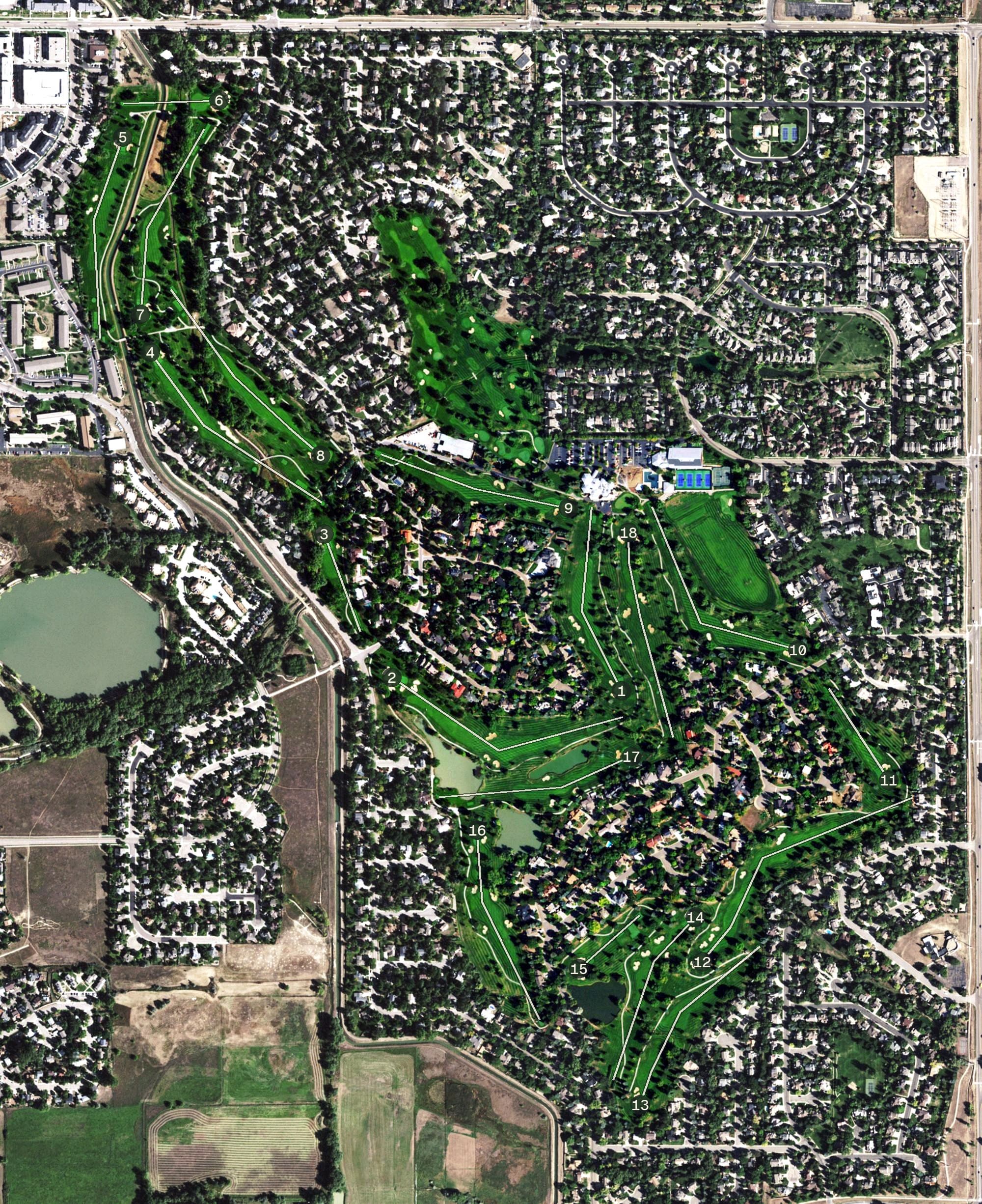 Aerial view of Boulder Country Club, CO, with its hole routing marked