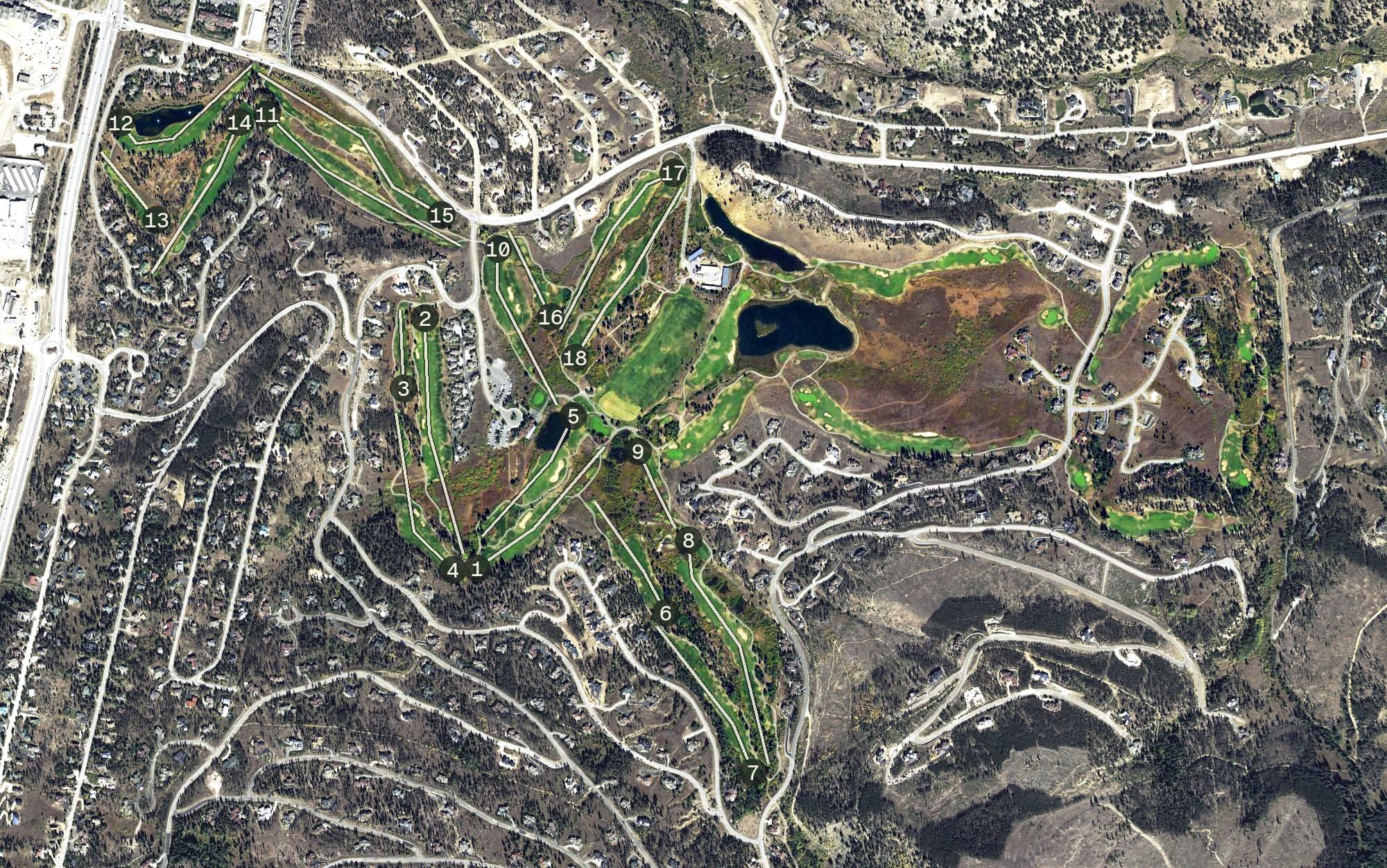 Aerial view of Breckenridge Golf Club, CO, with its hole routing marked