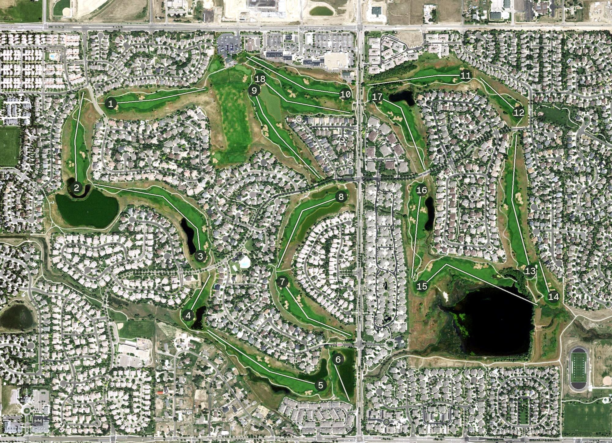 Aerial view of Broadlands Golf Course, CO, with its hole routing marked