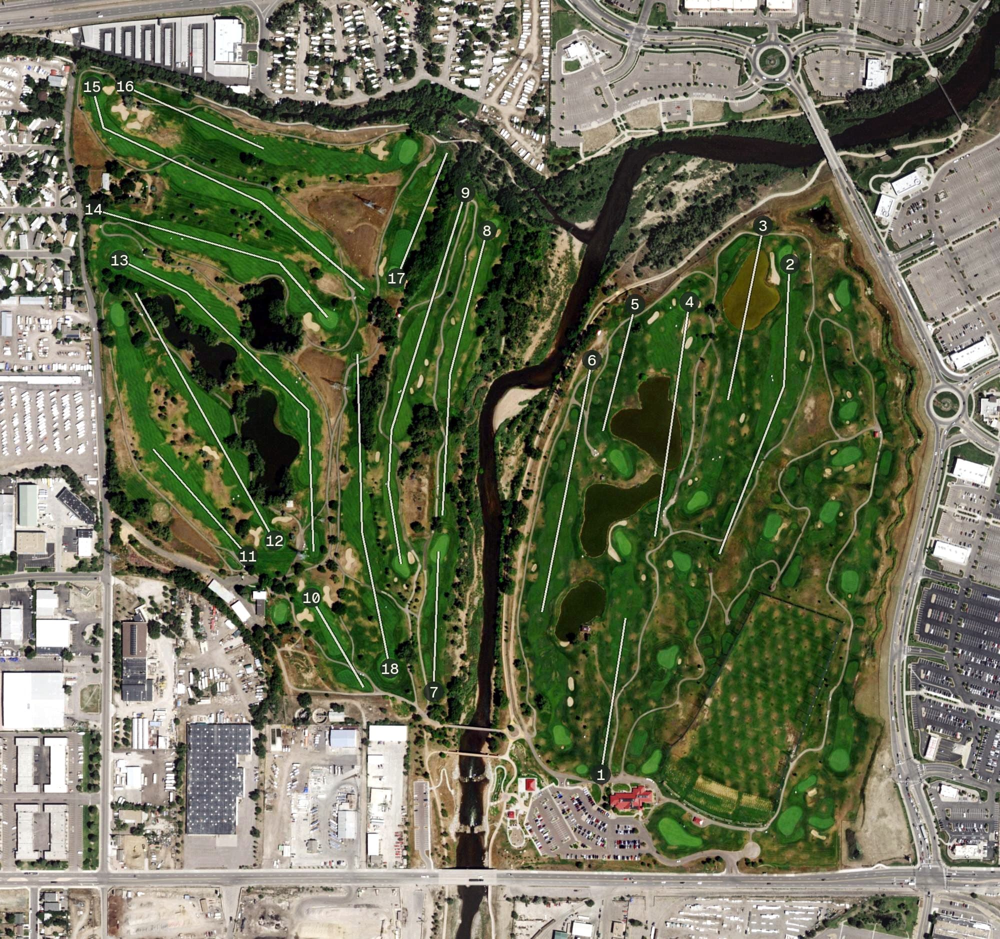 Aerial view of Broken Tee Golf Course, CO, with its hole routing marked