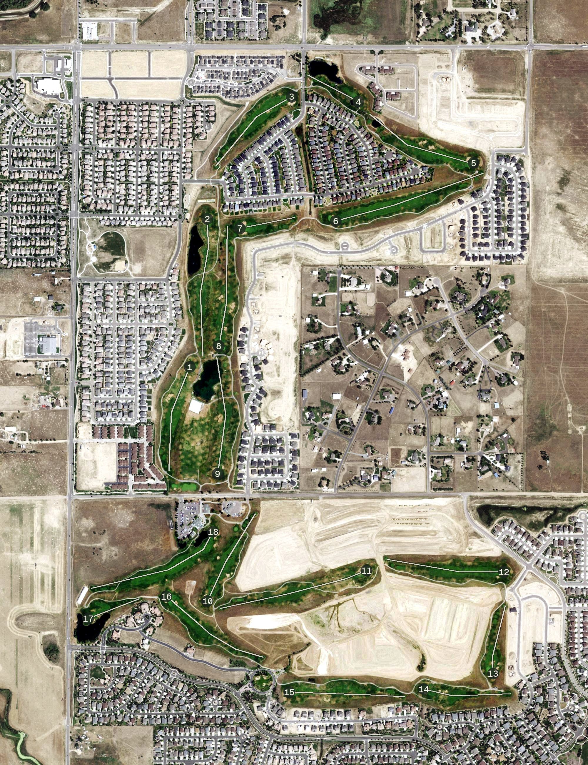 Aerial view of Buffalo Run Golf Course, CO, with its hole routing marked