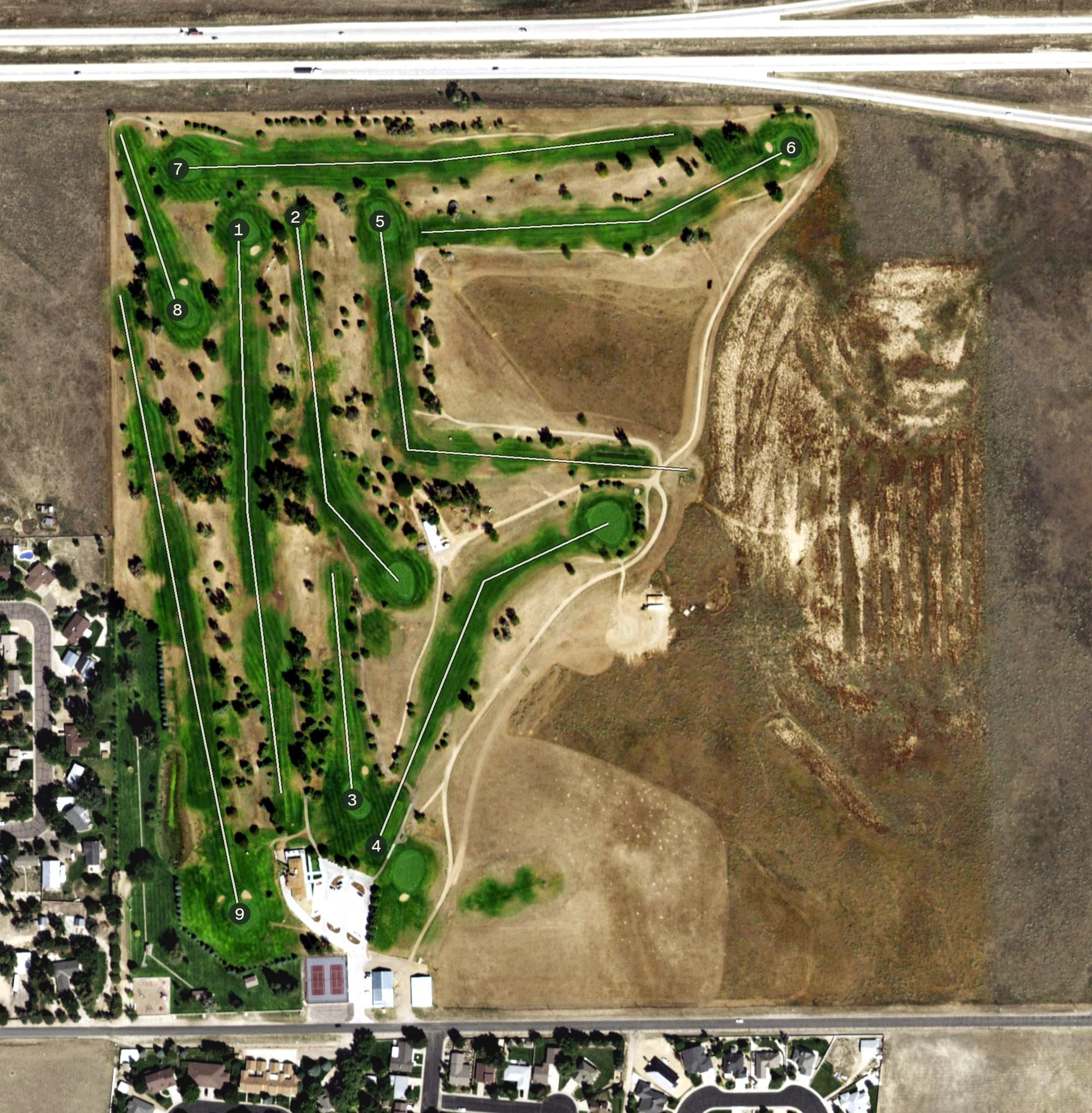 Aerial view of Bunker Hill Country Club, CO, with its hole routing marked