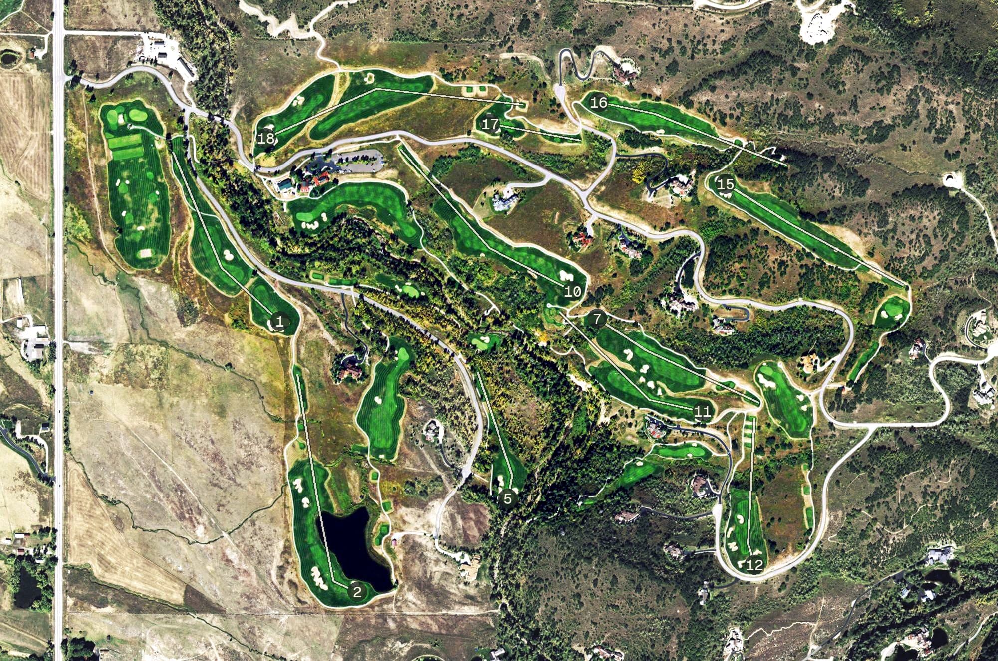 Aerial view of Catamount Ranch & Club Golf Course, CO, with its hole routing marked