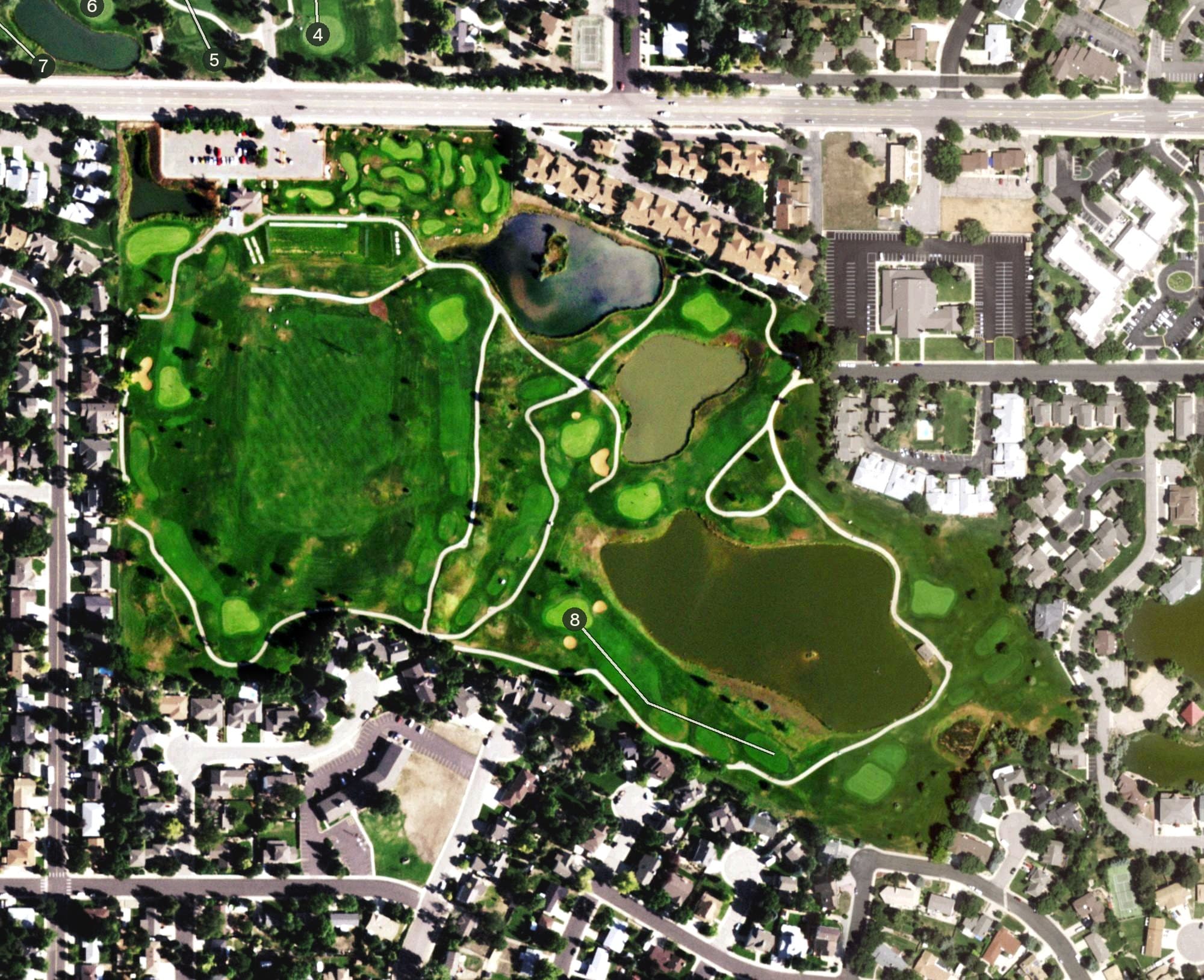 Aerial view of Cattail Creek Golf Course, CO, with its hole routing marked