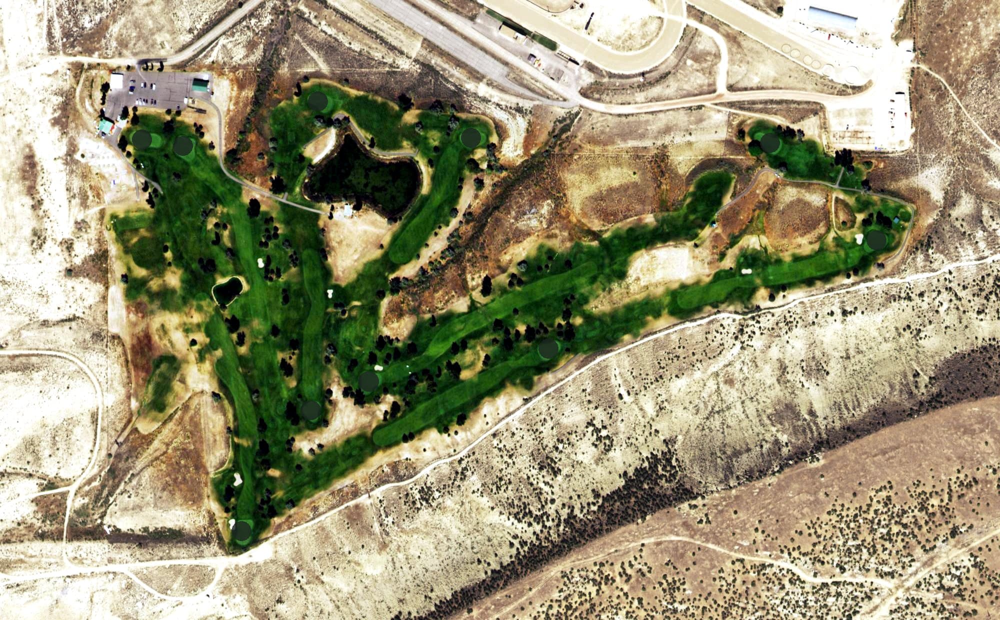Aerial view of Cedar Ridges Golf Course, CO, with its hole routing marked