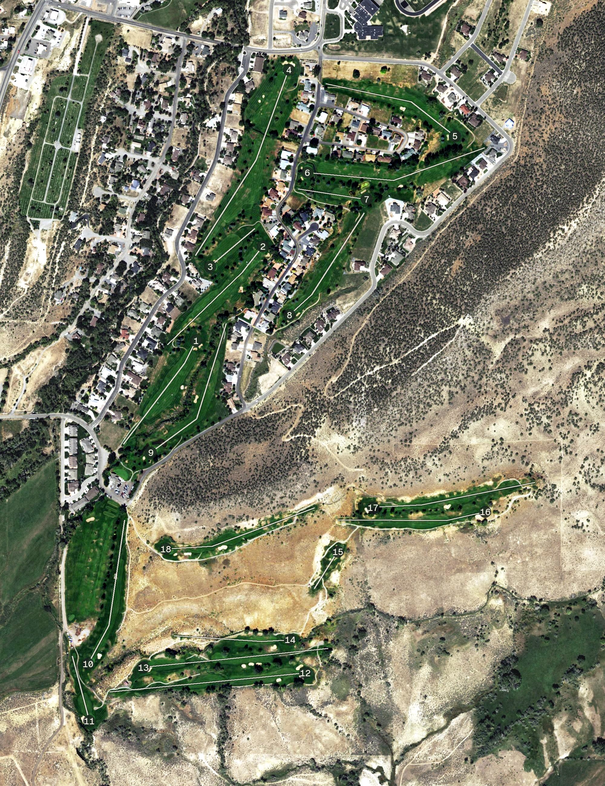Aerial view of Cedaredge Golf Course, CO, with its hole routing marked