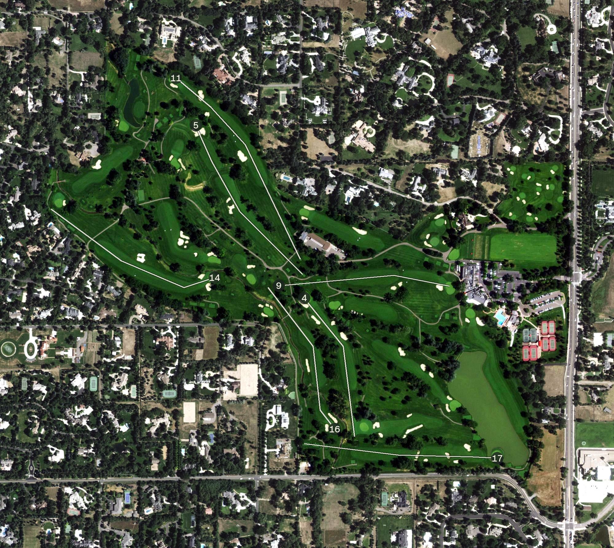 Aerial view of Cherry Hills Country Club, CO, with its hole routing marked
