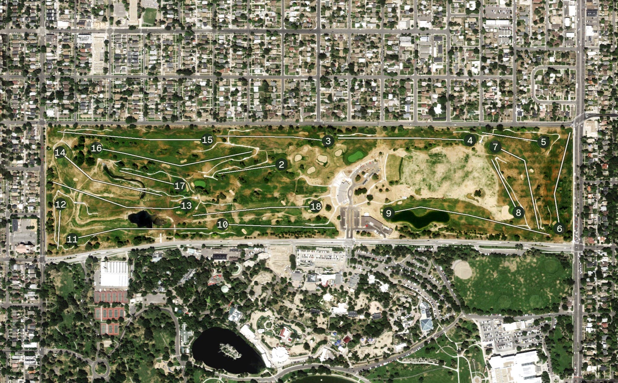 Aerial view of City Park Golf Course, CO, with its hole routing marked