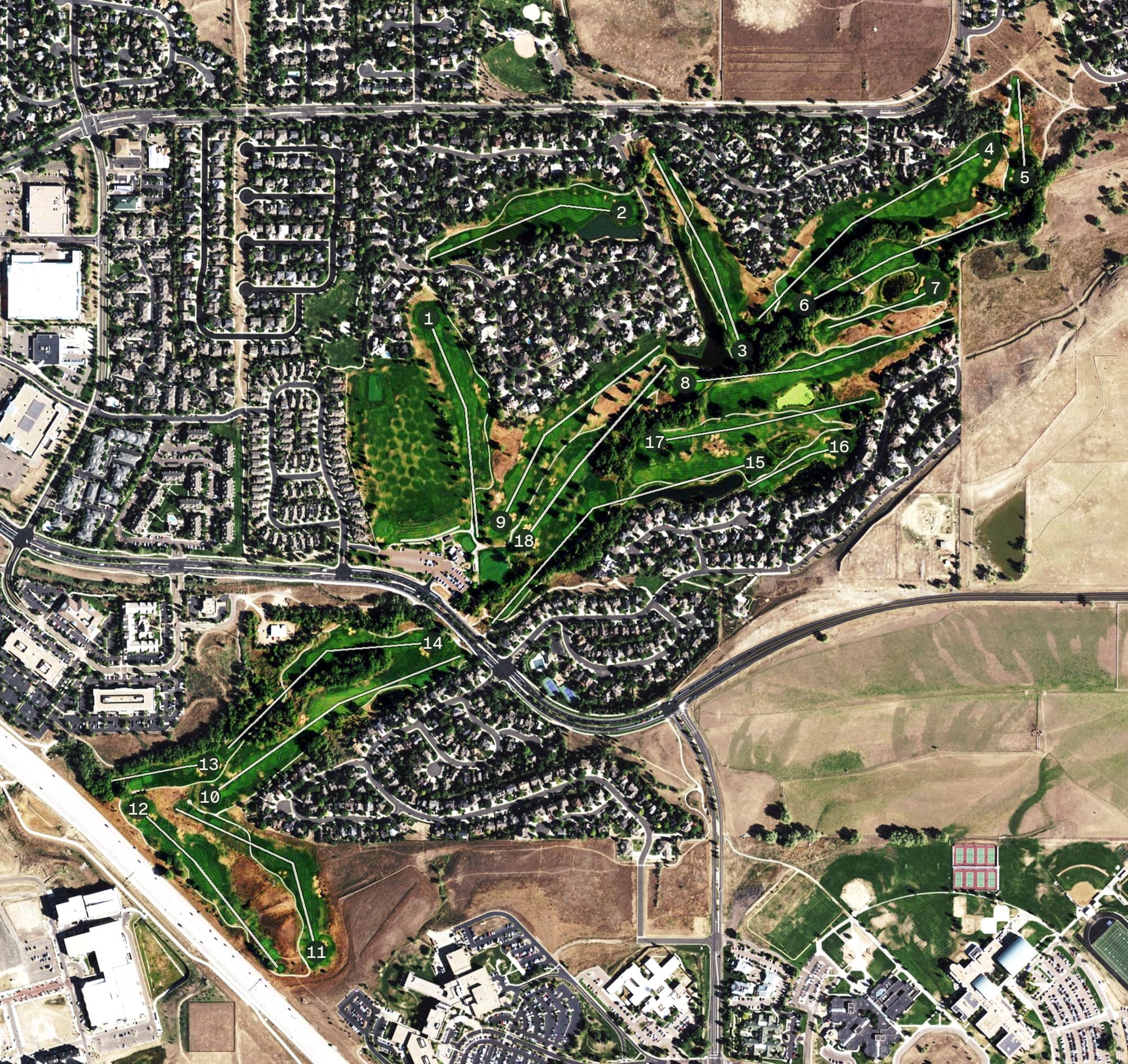 Aerial view of Coal Creek Golf Course, CO, with its hole routing marked