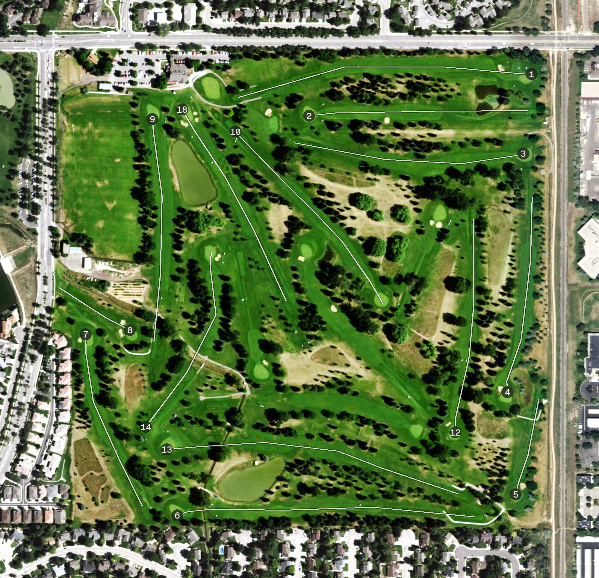 Aerial view of Collindale Golf Course, CO, with its hole routing marked