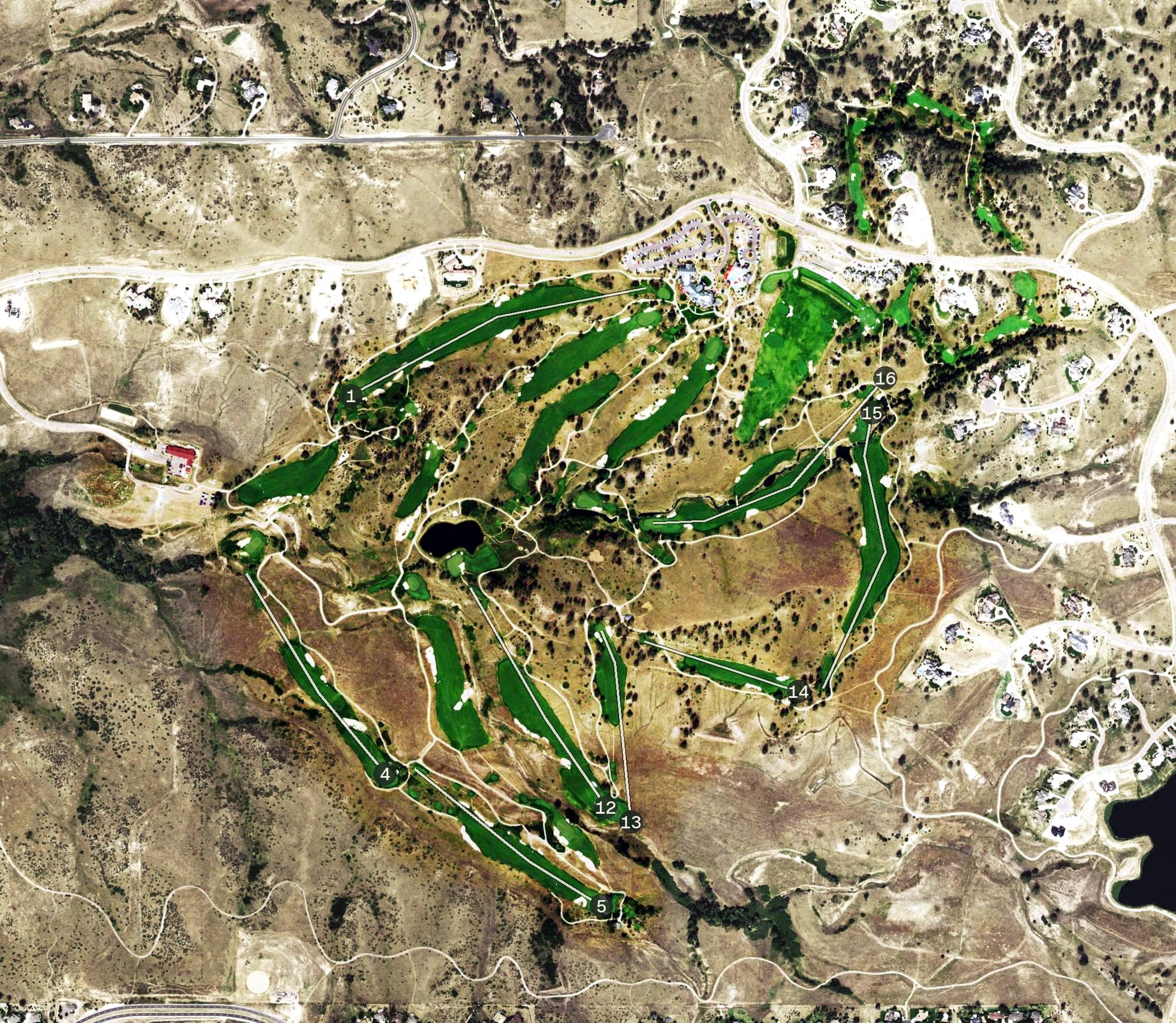 Aerial view of Colorado Golf Club, CO, with its hole routing marked