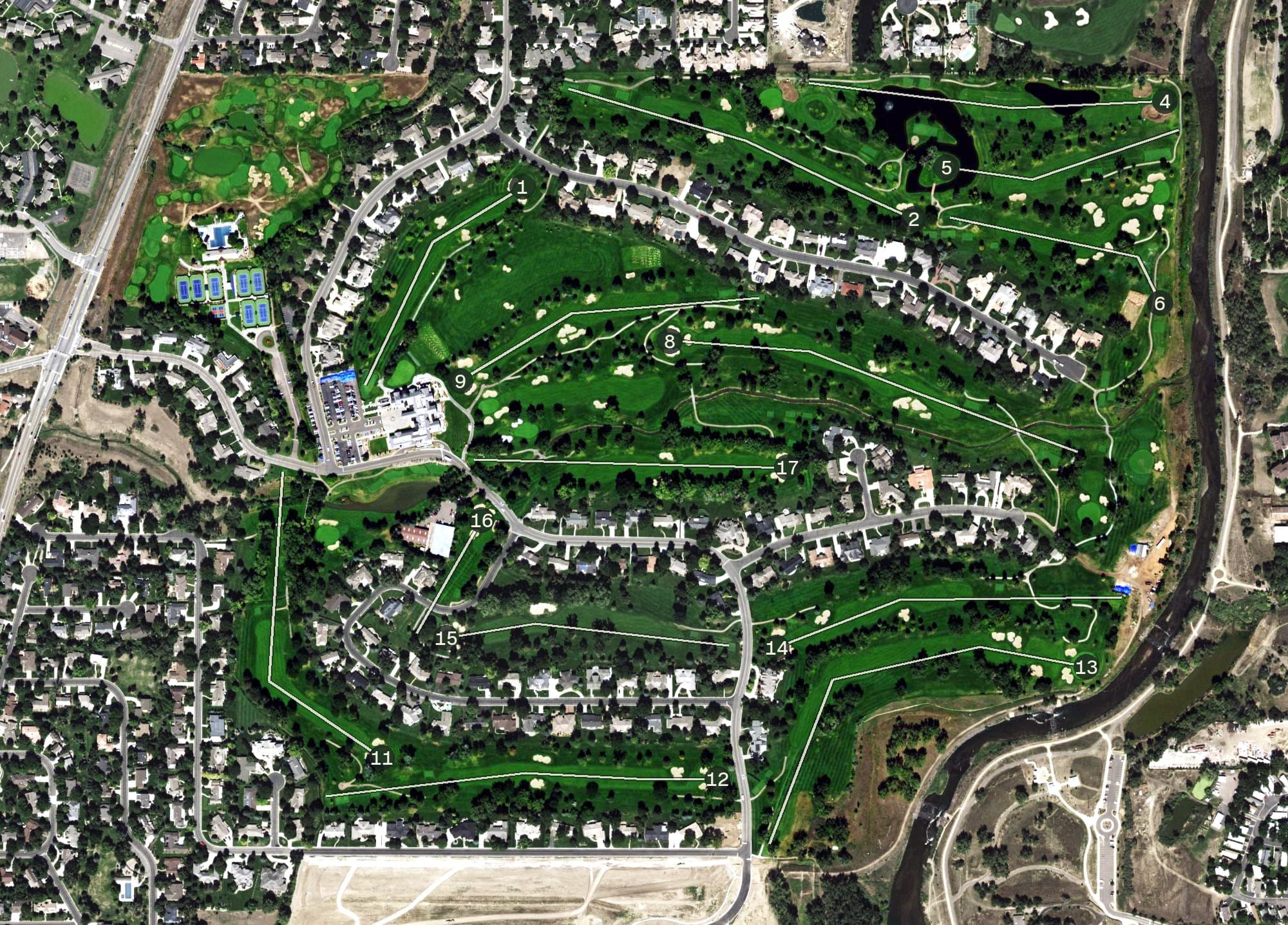 Aerial view of Columbine Country Club Par 3, CO, with its hole routing marked