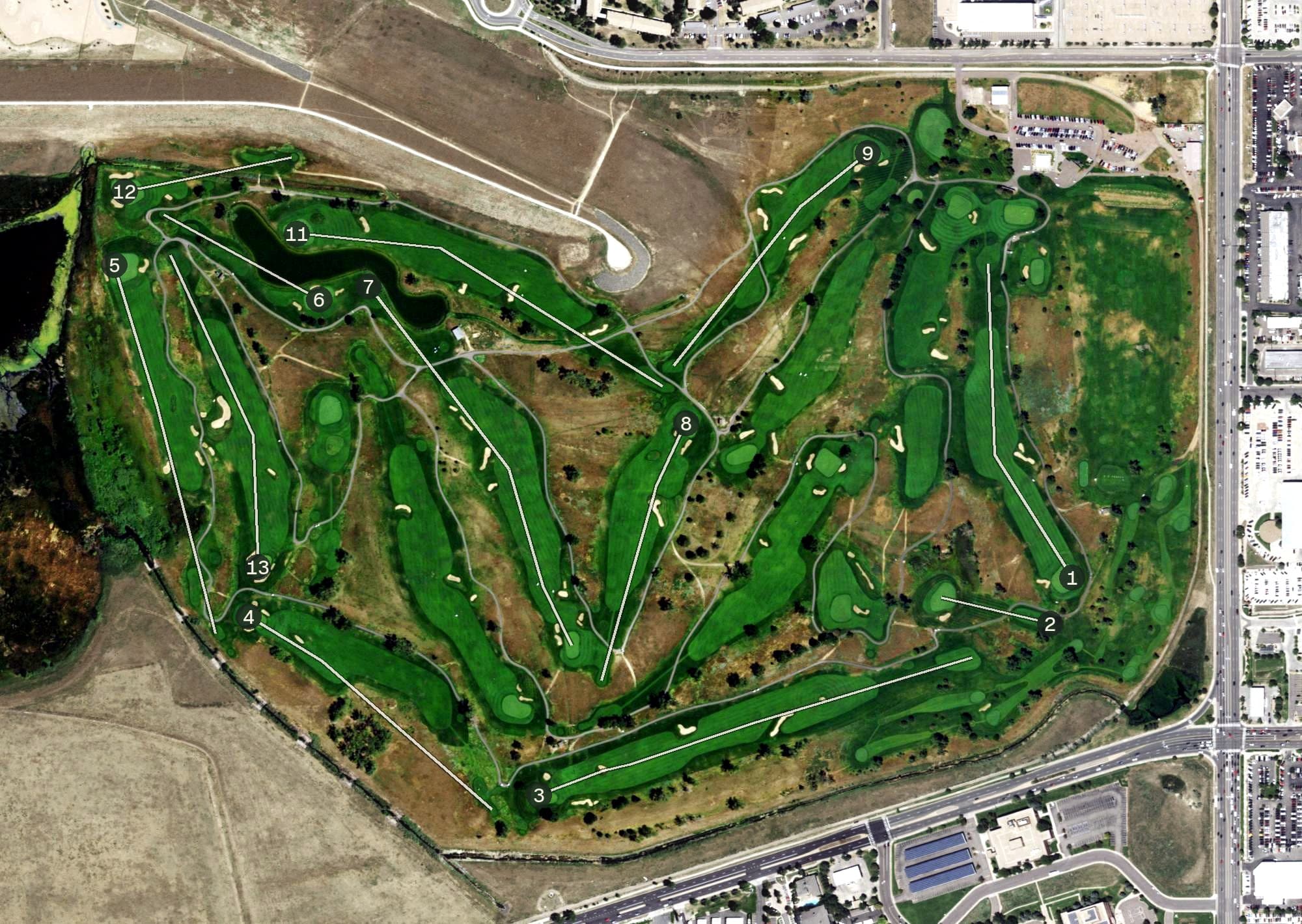 Aerial view of CommonGround Golf Course, CO, with its hole routing marked