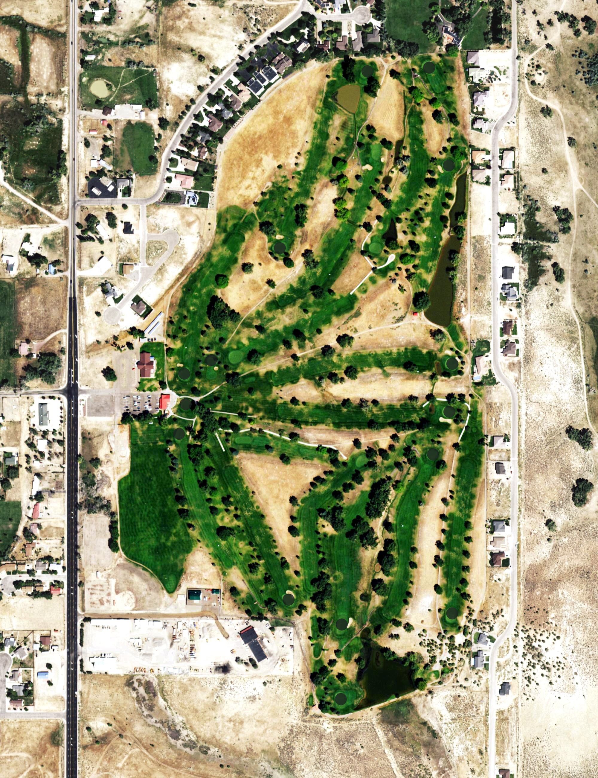 Aerial view of Conquistador Golf Course, CO, with its hole routing marked