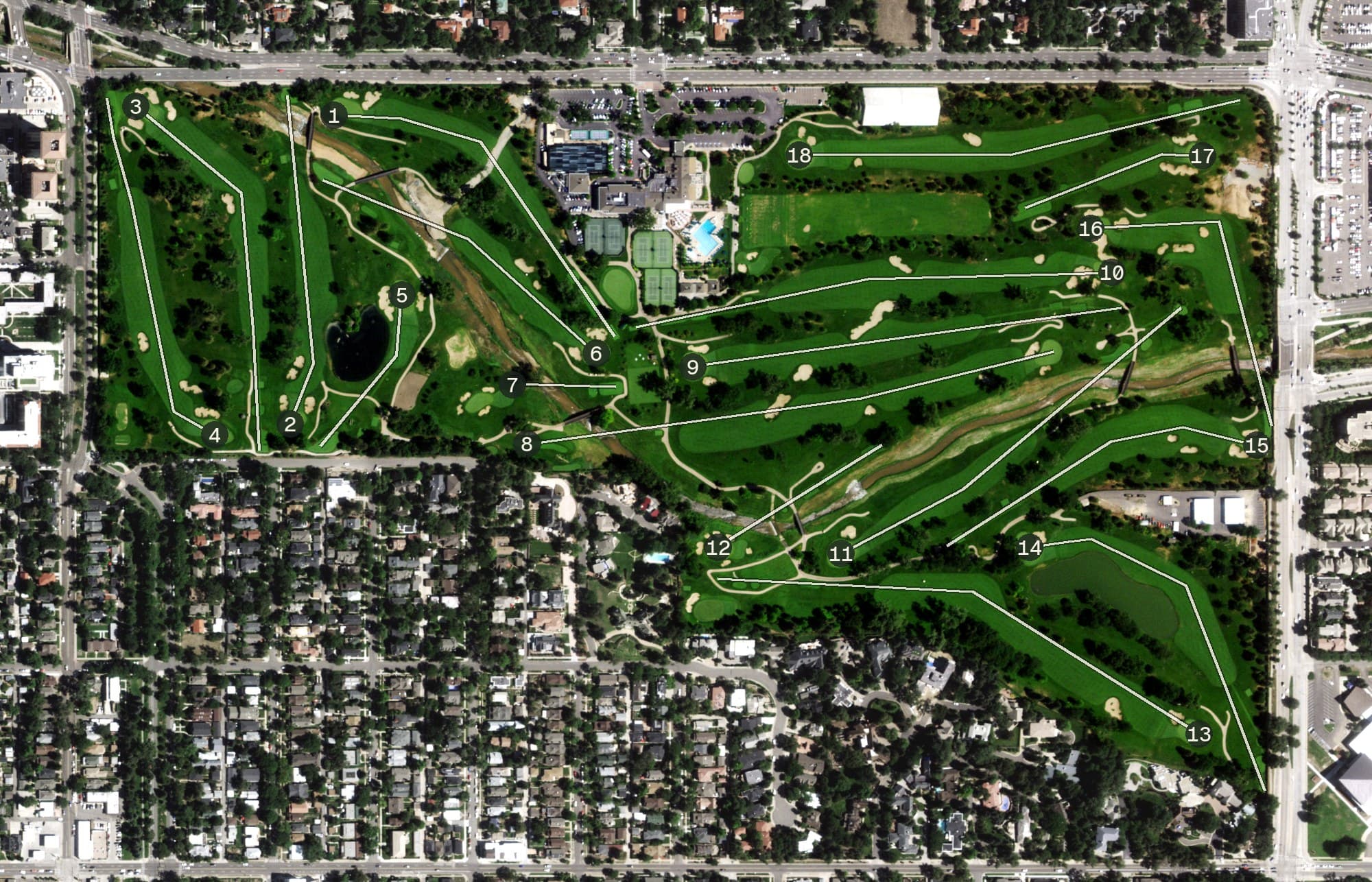 Aerial view of Denver Country Club, CO, with its hole routing marked