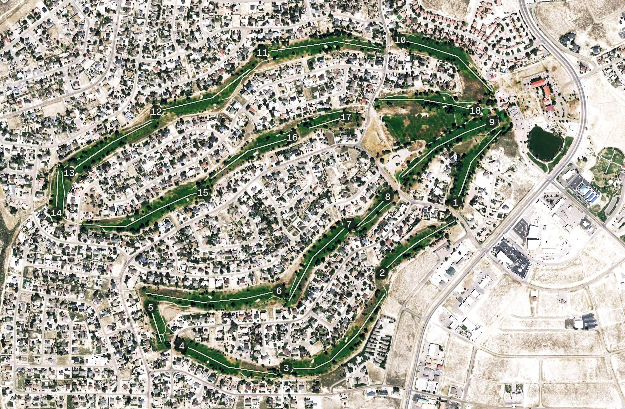 Aerial view of Desert Hawk Golf Course, CO, with its hole routing marked