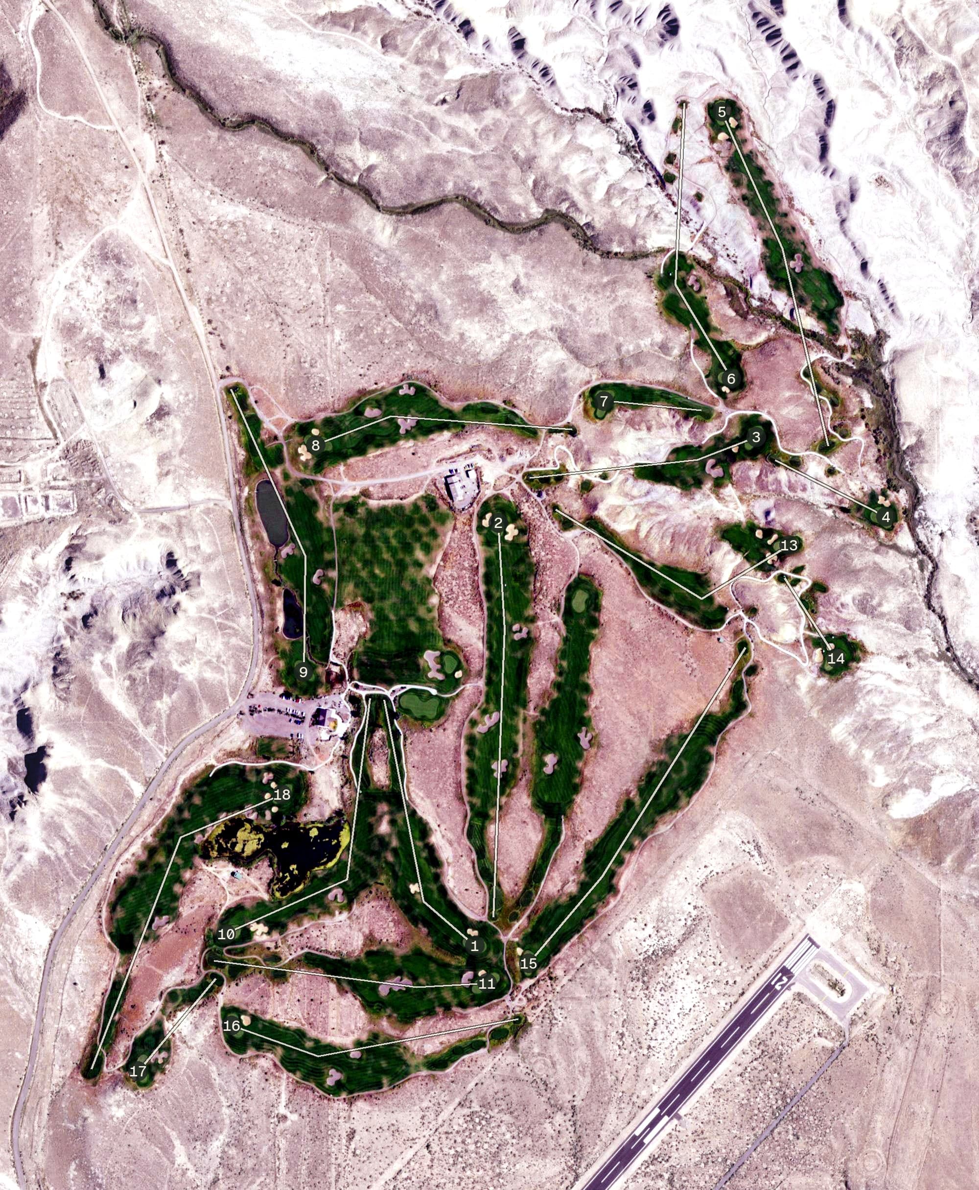 Aerial view of Devil's Thumb Golf Course, CO, with its hole routing marked
