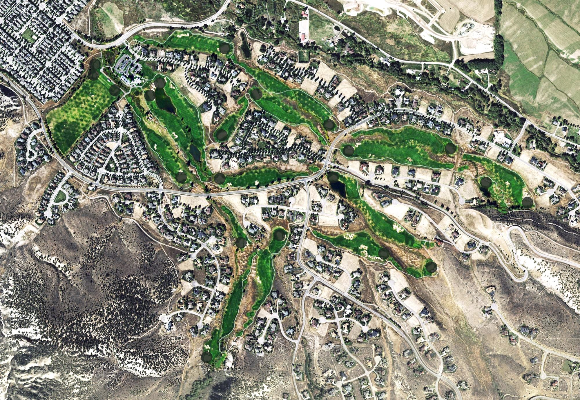 Aerial view of Eagle Ranch Golf Club, CO, with its hole routing marked