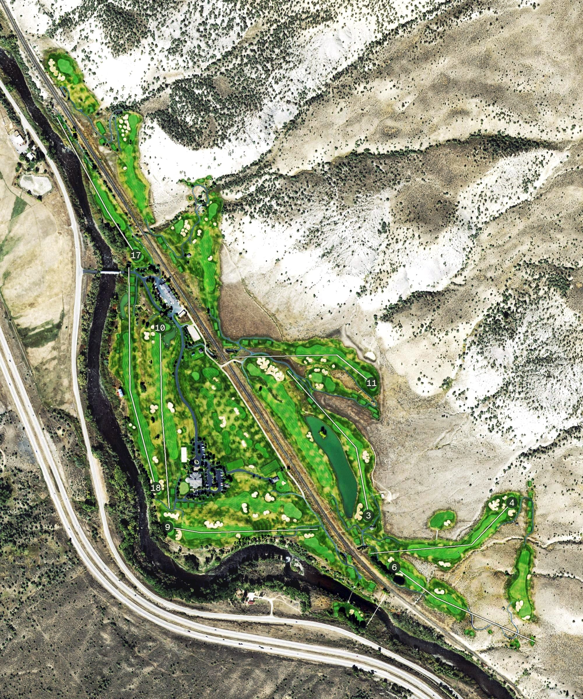 Aerial view of Eagle Springs Golf Club, CO, with its hole routing marked