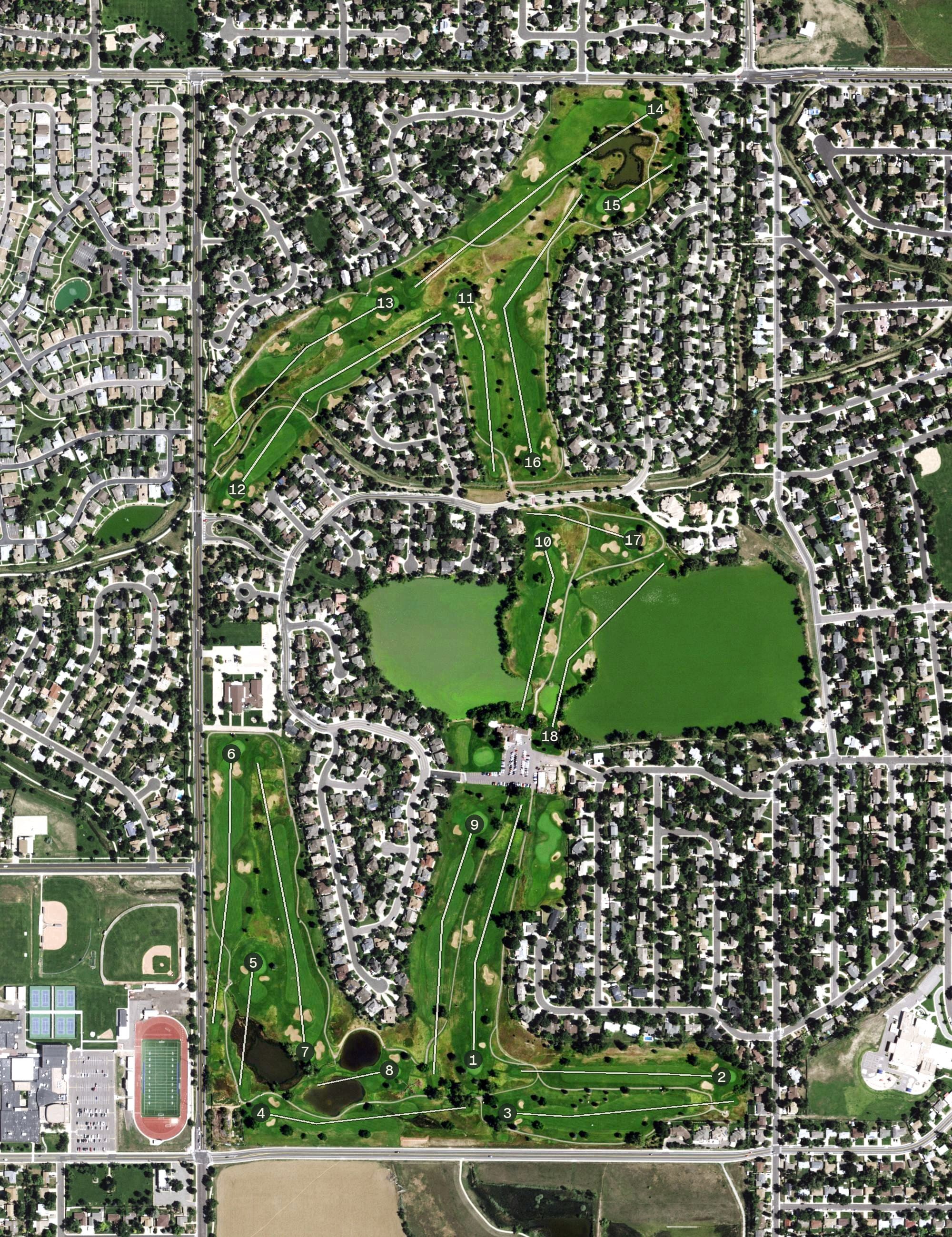 Aerial view of Eagle Trace Golf Club, CO, with its hole routing marked
