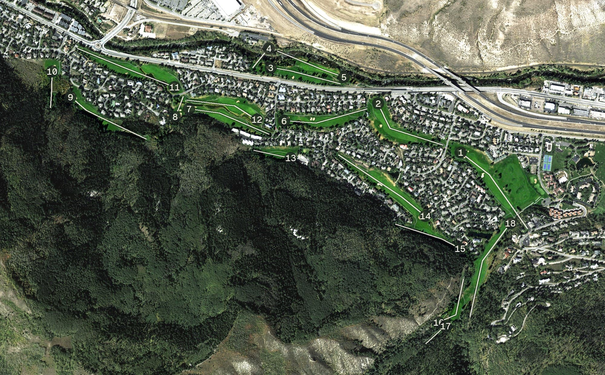 Aerial view of EagleVail Golf Club, CO, with its hole routing marked