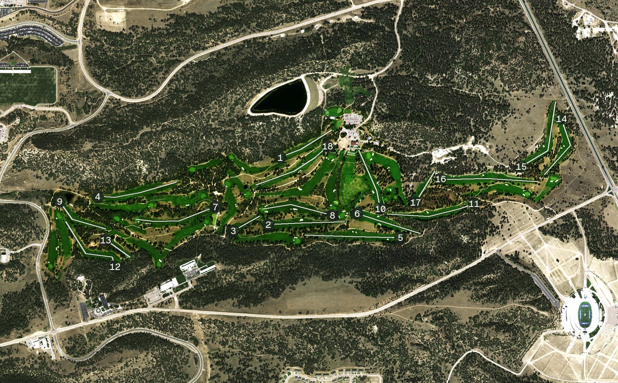 Aerial view of Eisenhower Golf Course, CO, with its hole routing marked