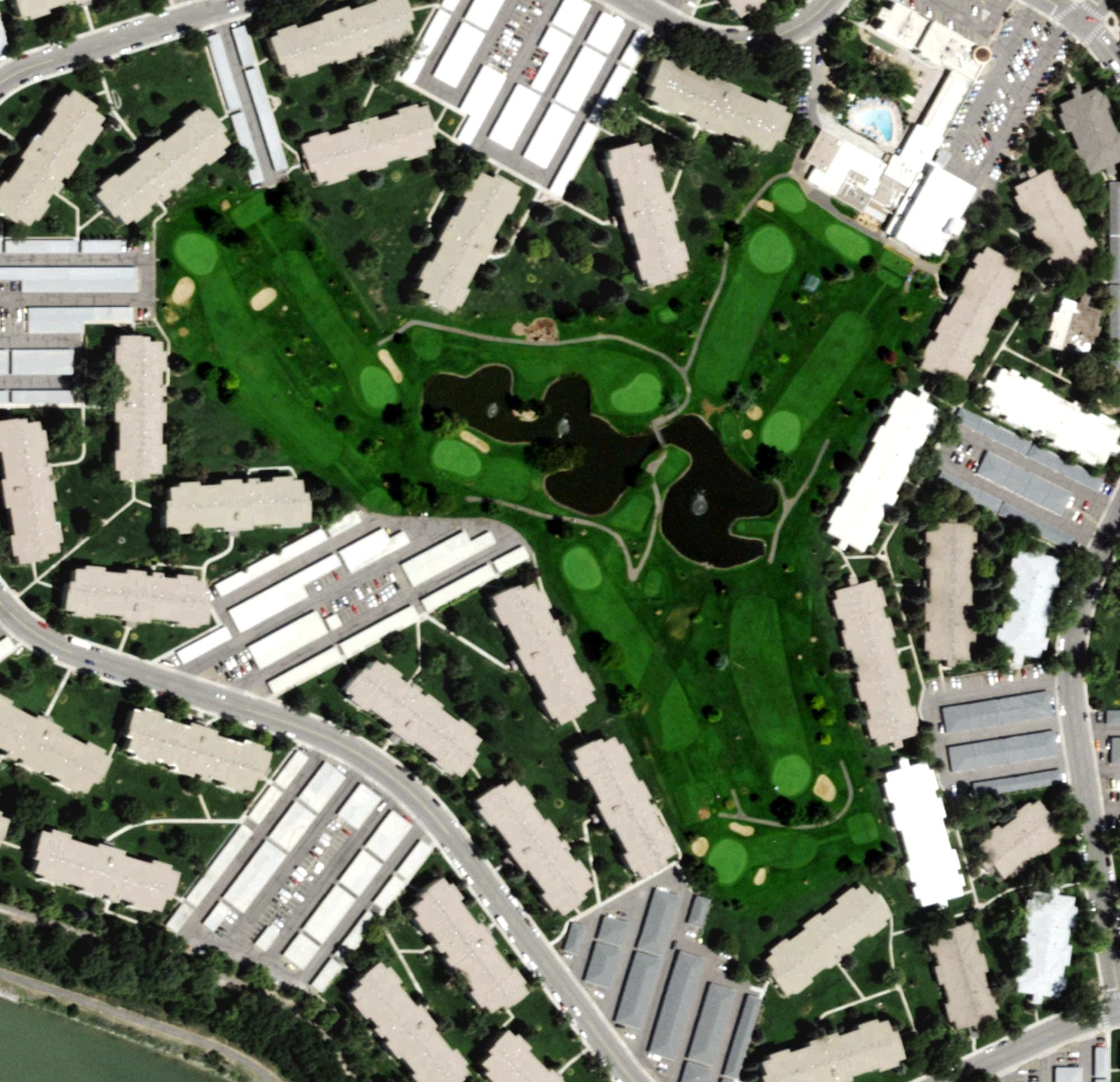 Aerial view of Emerald Greens Golf Club, CO, with its hole routing marked
