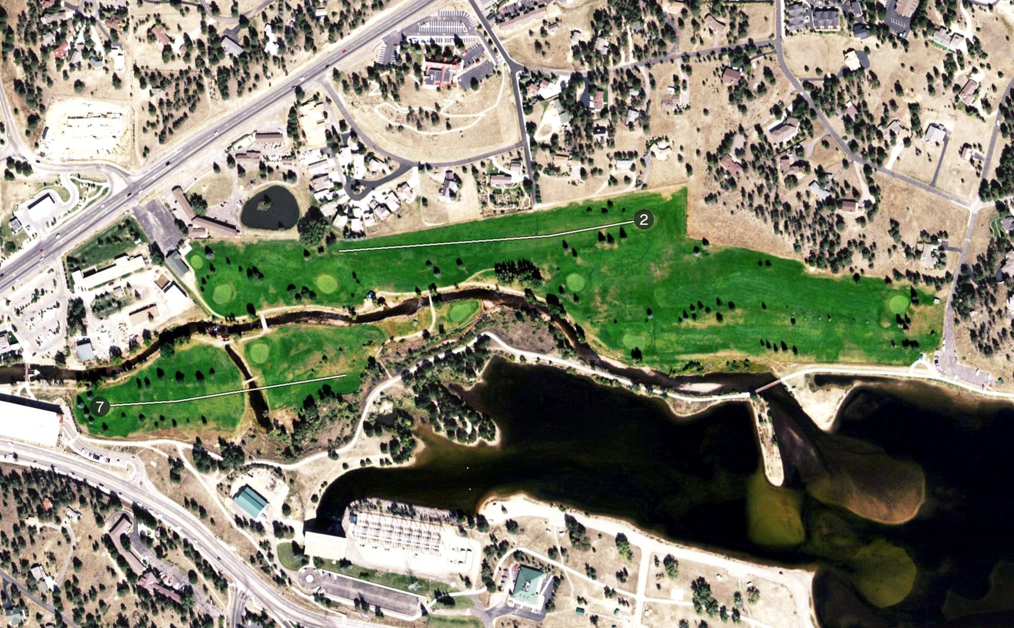 Aerial view of Estes Park Golf Course, CO, with its hole routing marked