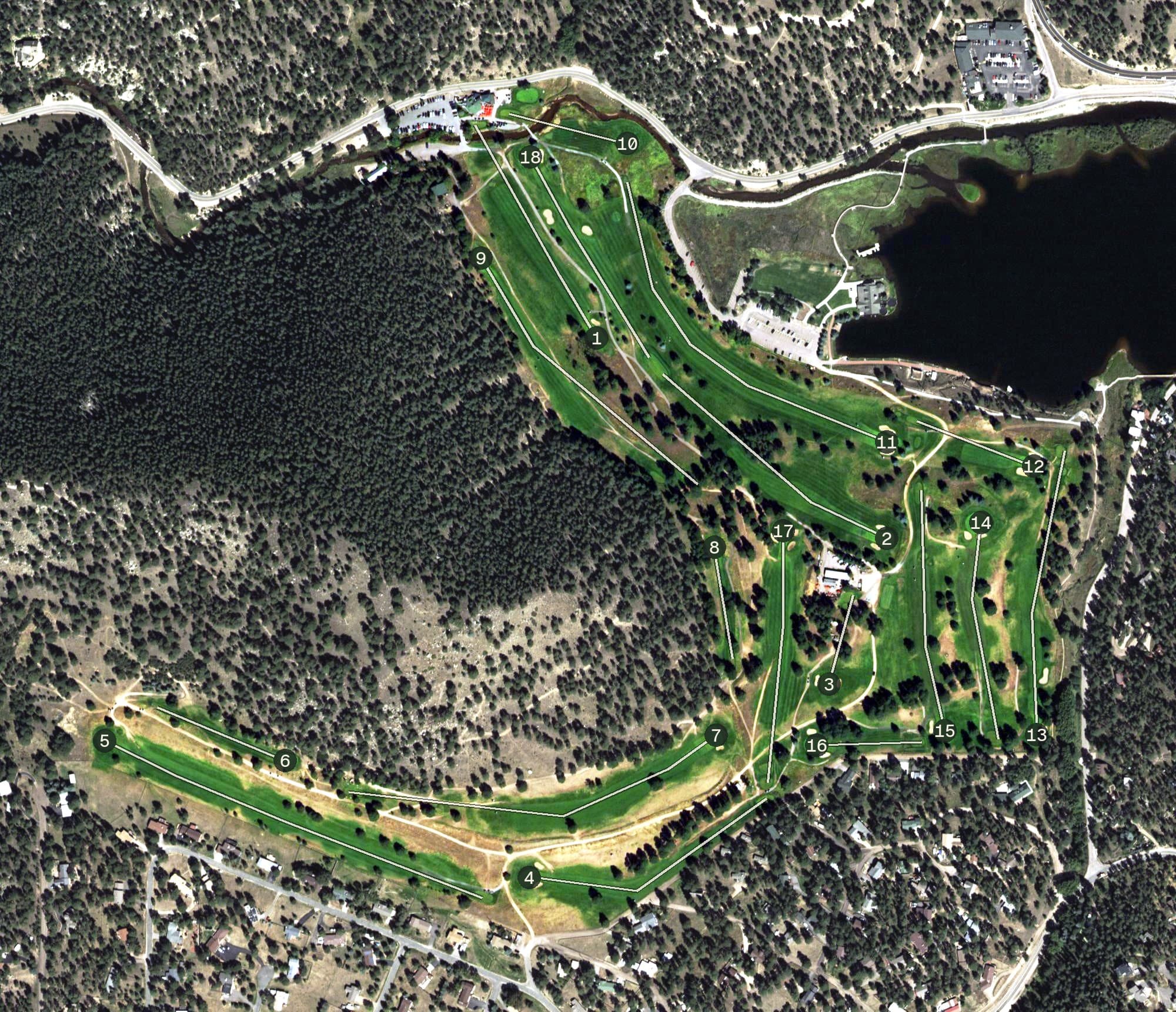 Aerial view of Evergreen Golf Course, CO, with its hole routing marked