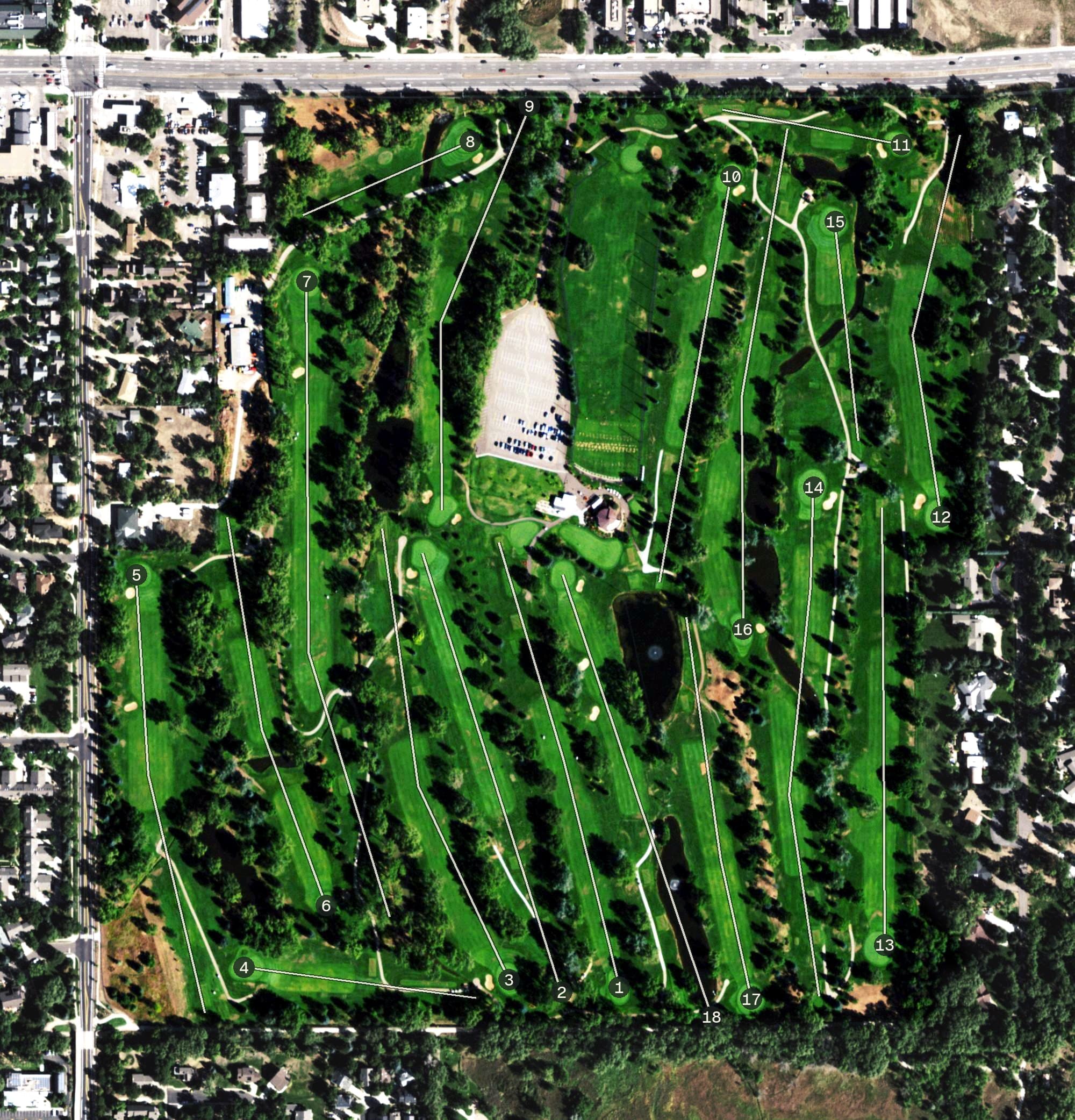 Aerial view of Flatirons Golf Course, CO, with its hole routing marked