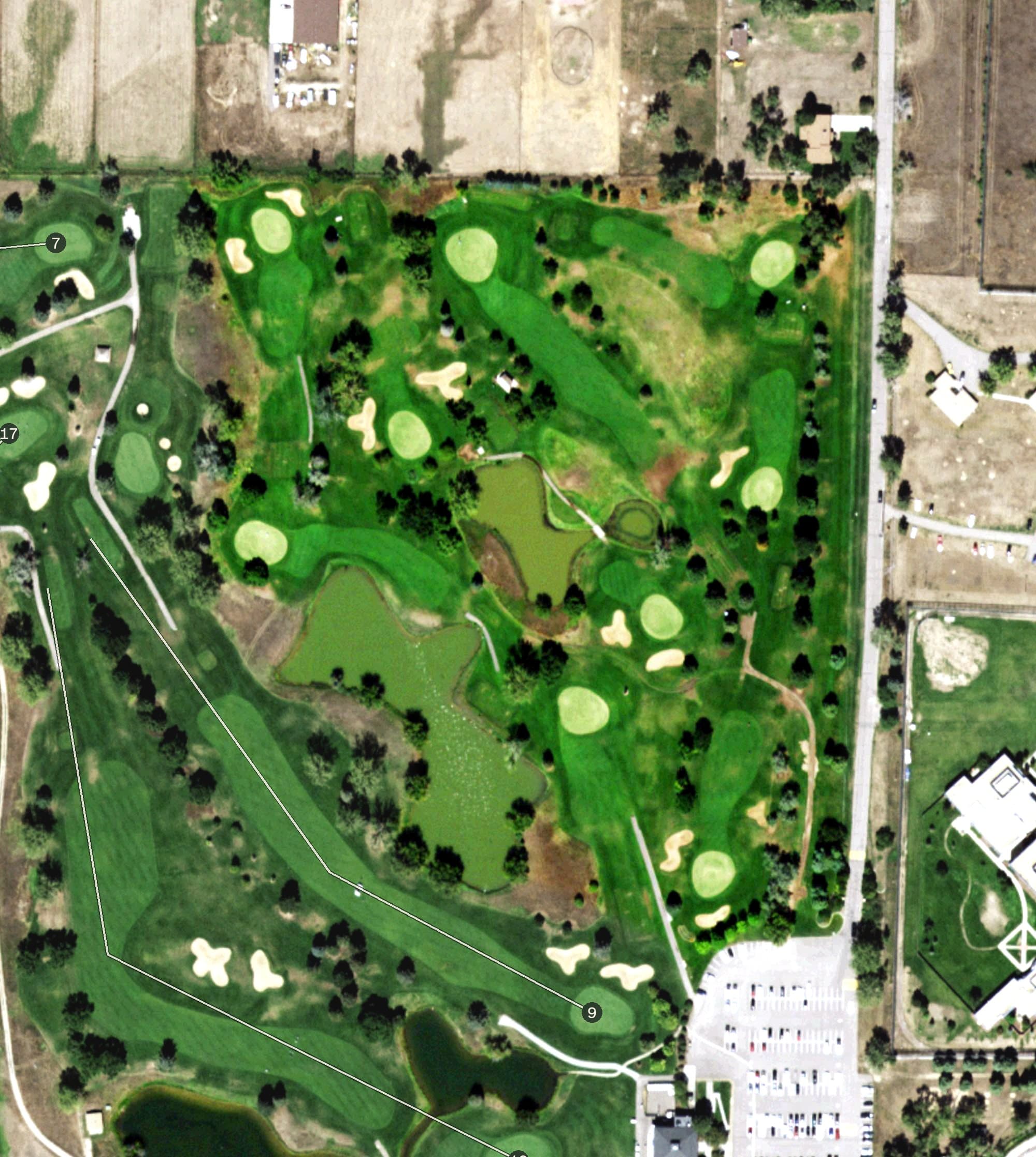 Aerial view of Foothills Par 3 Course, CO, with its hole routing marked
