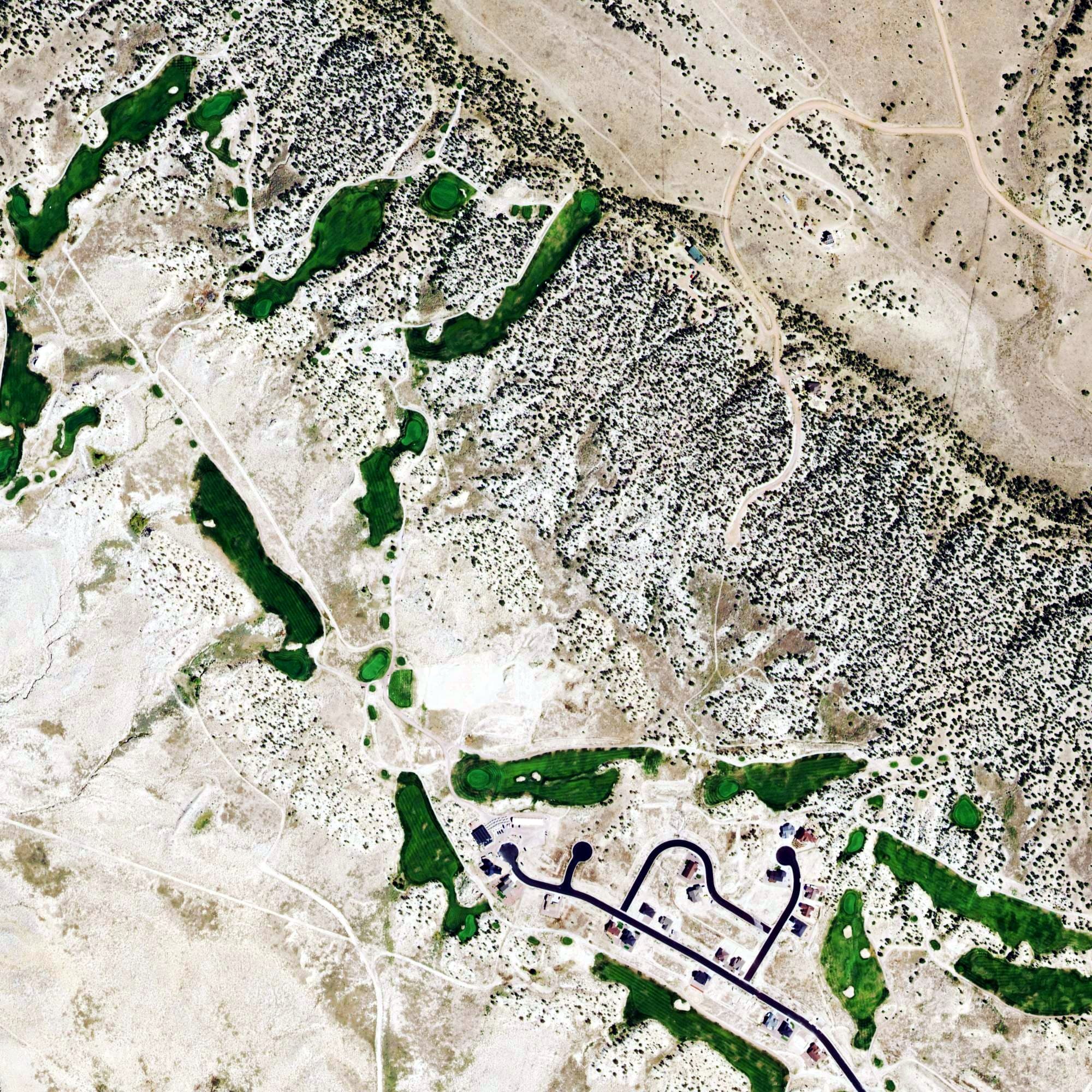 Aerial view of Four Mile Ranch Golf Club, CO, with its hole routing marked