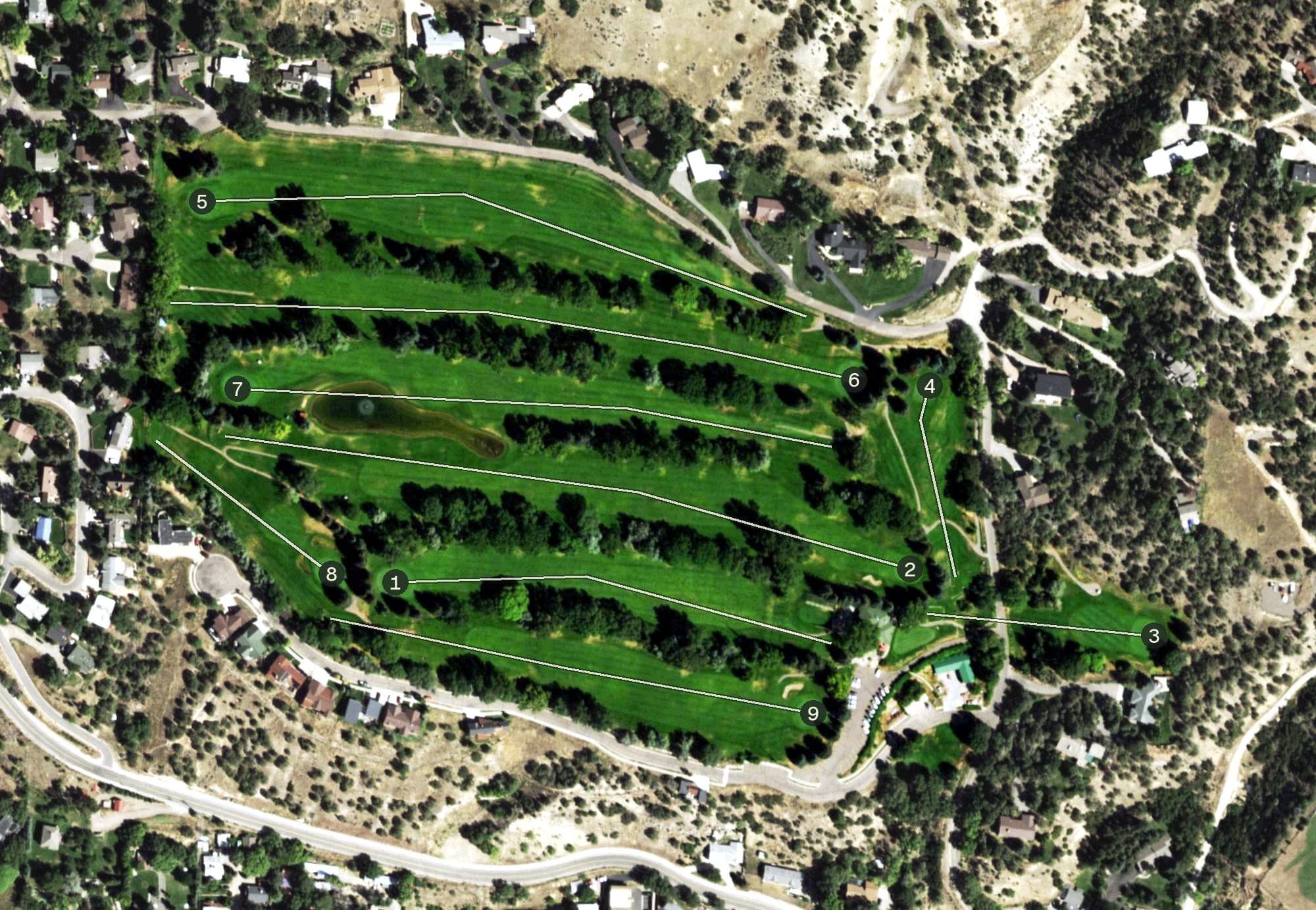Aerial view of Glenwood Springs Golf Club, CO, with its hole routing marked