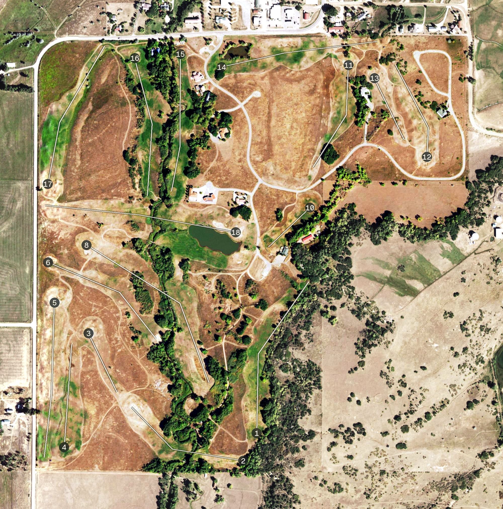 Aerial view of Grandote Peaks Golf Club, CO, with its hole routing marked
