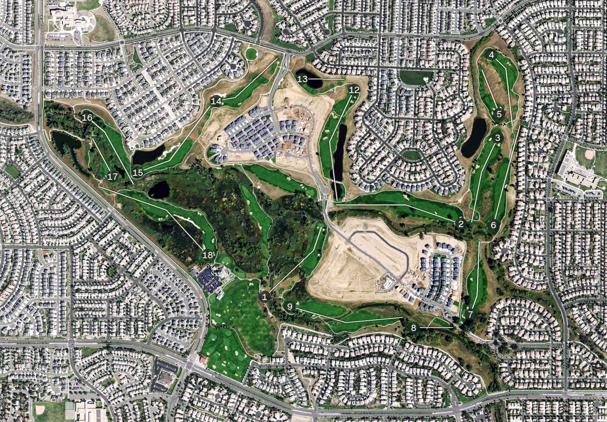 Aerial view of Green Valley Ranch Golf Club, CO, with its hole routing marked