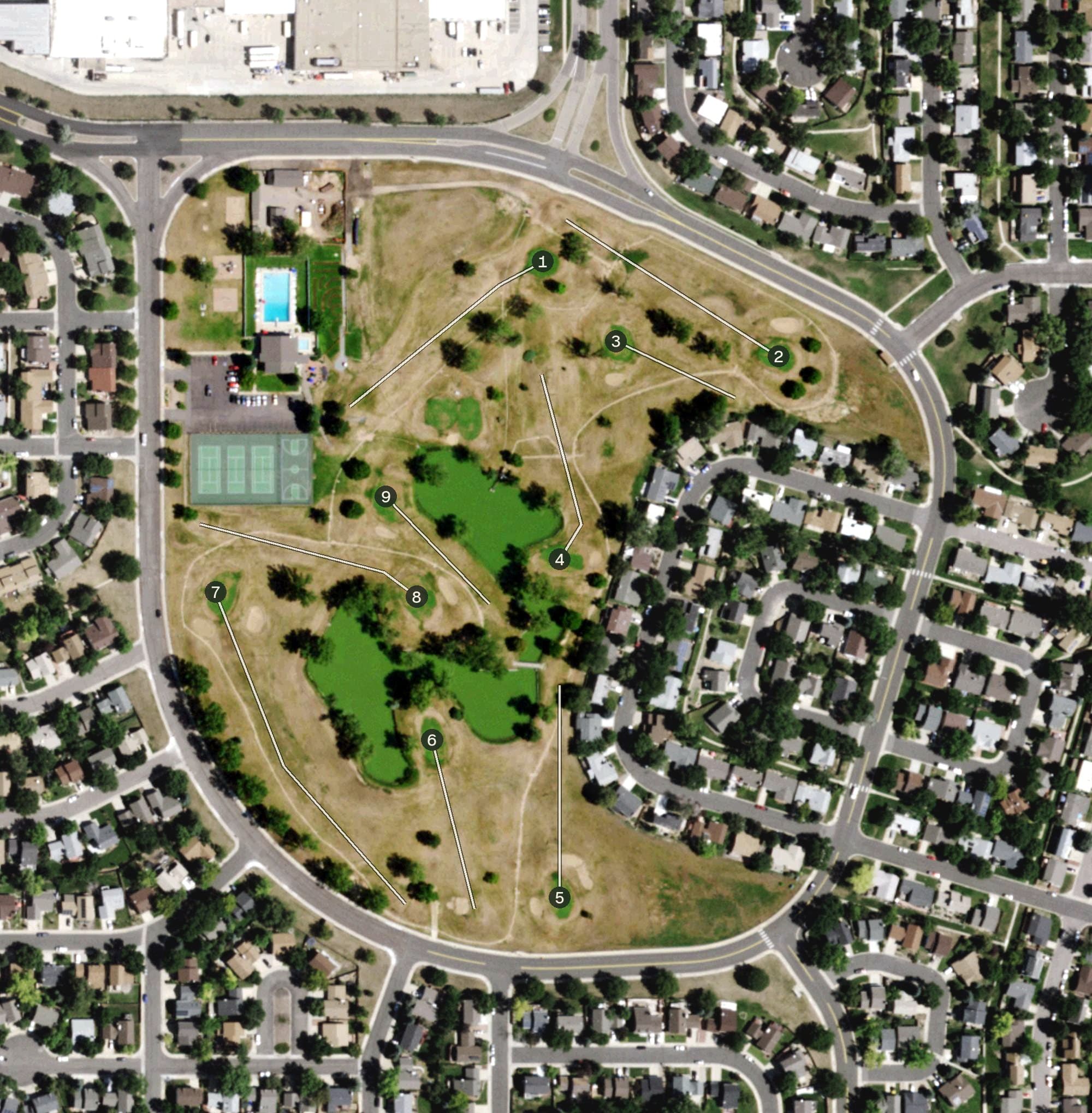 Aerial view of Greenway Park Golf Course, CO, with its hole routing marked