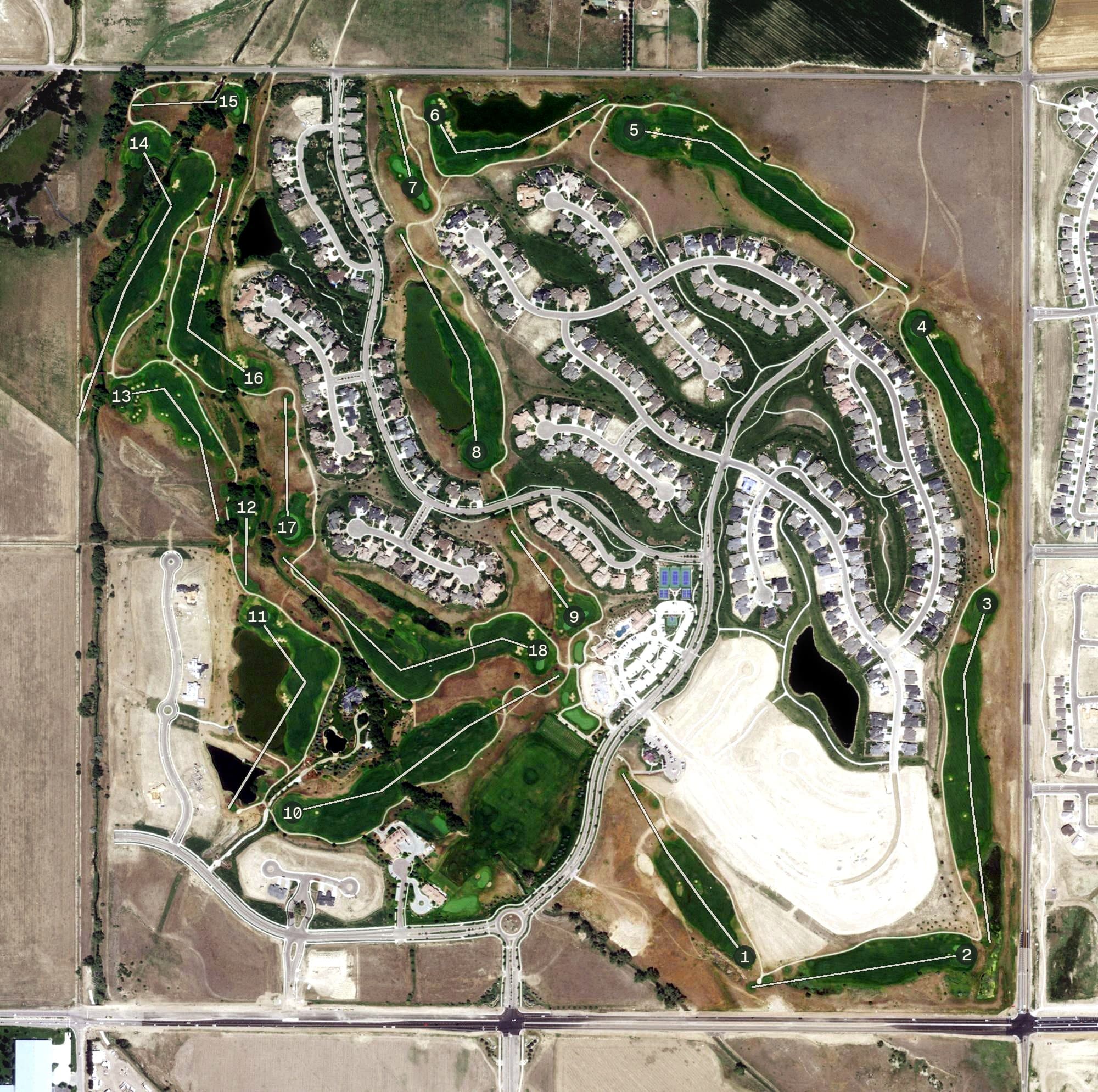Aerial view of Harmony Club, CO, with its hole routing marked