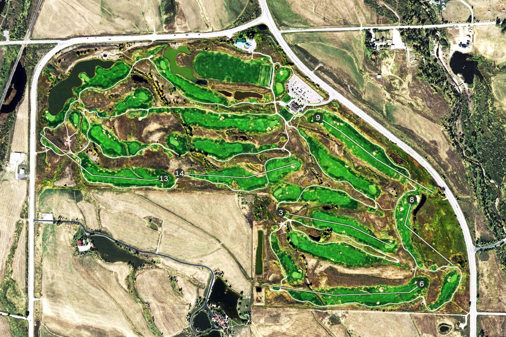 Aerial view of Haymaker Public Golf Course, CO, with its hole routing marked