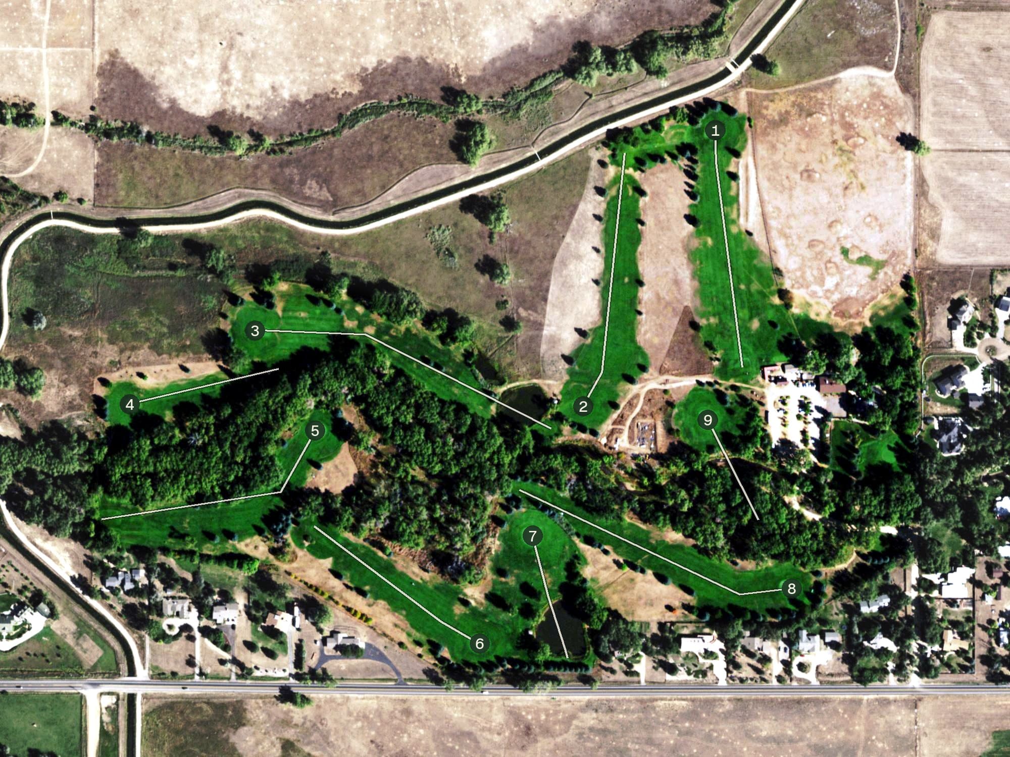 Aerial view of Haystack Mountain Golf Course, CO, with its hole routing marked