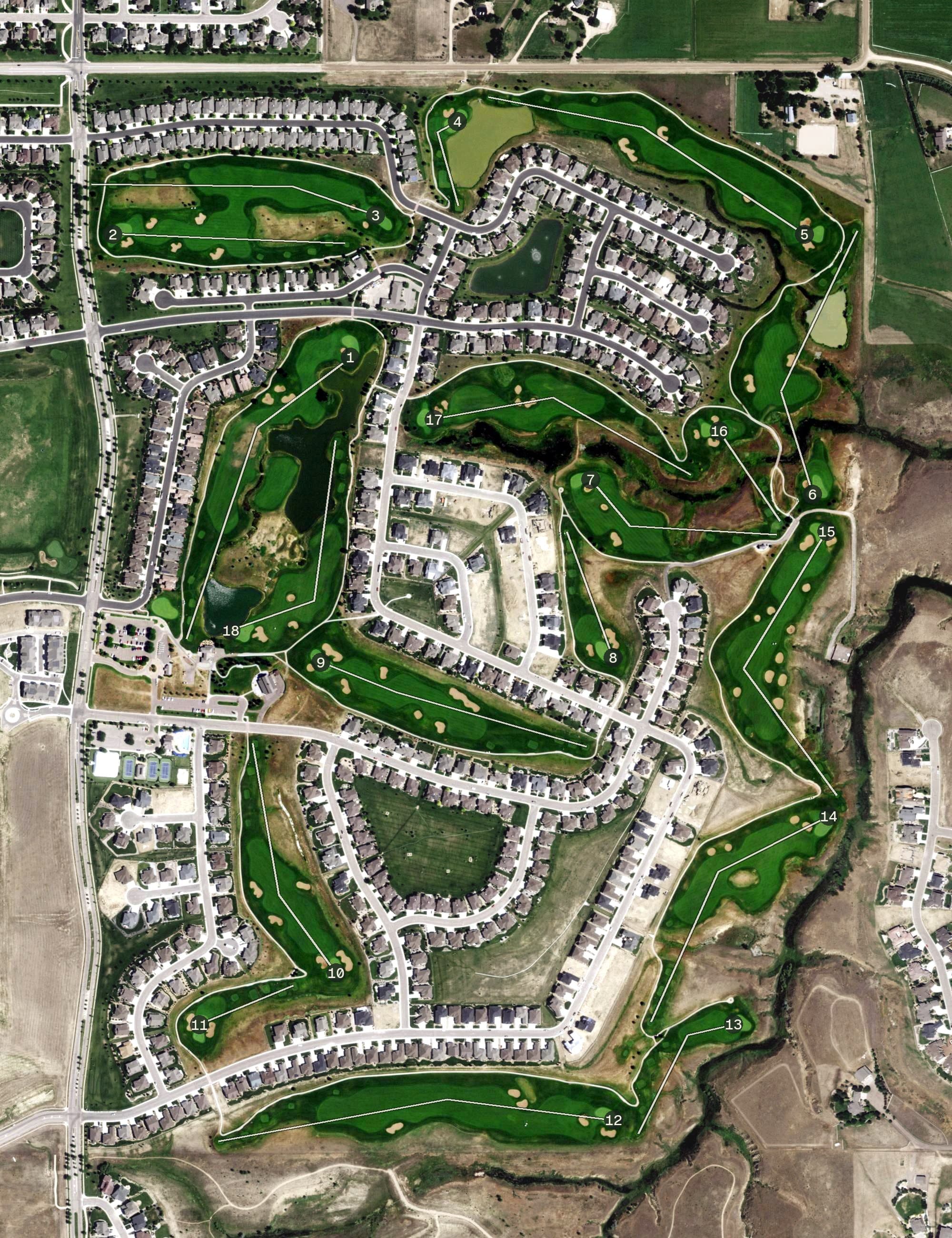 Aerial view of Highland Meadows Golf Course, CO, with its hole routing marked