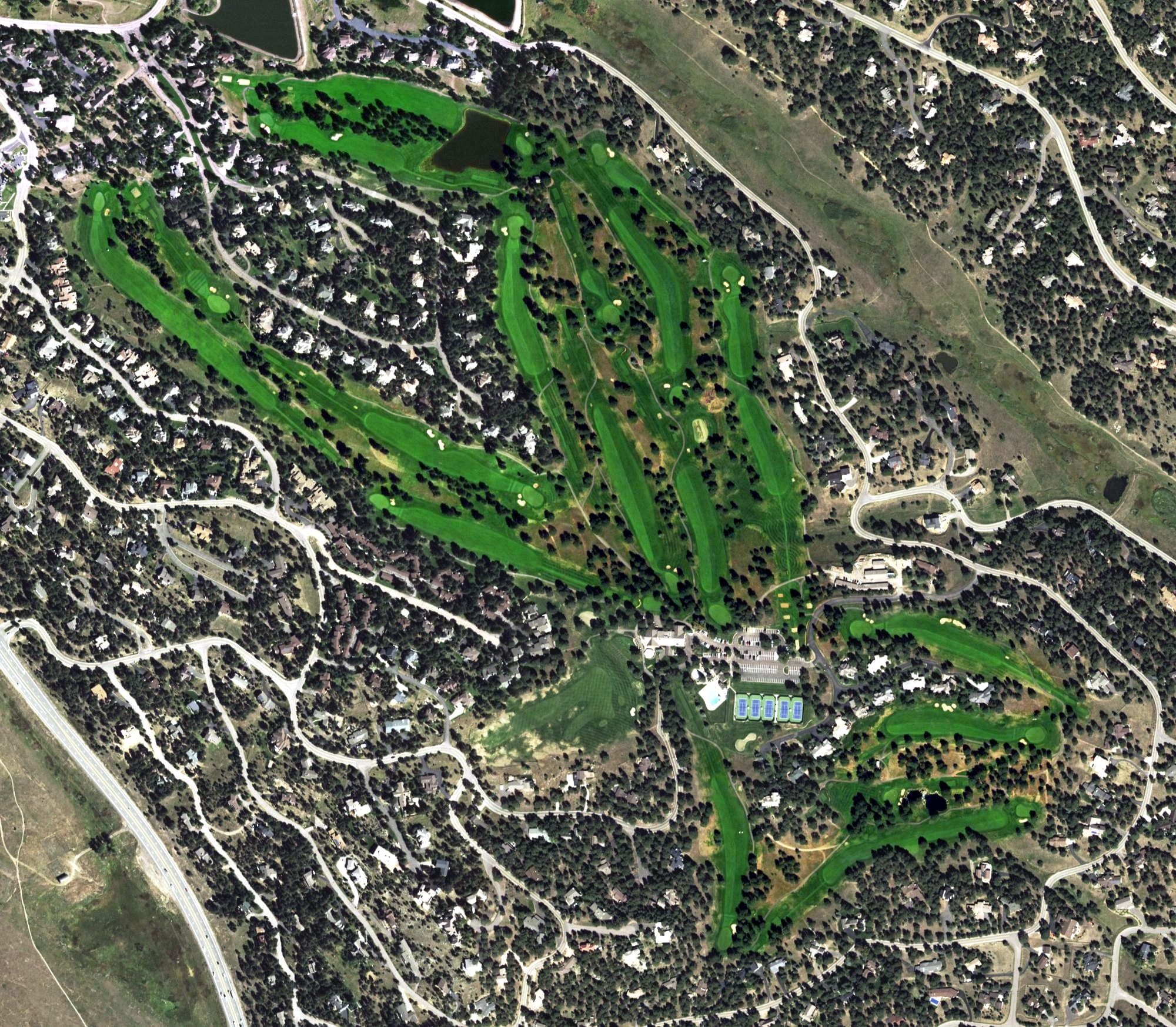 Aerial view of Hiwan Golf Course, CO, with its hole routing marked
