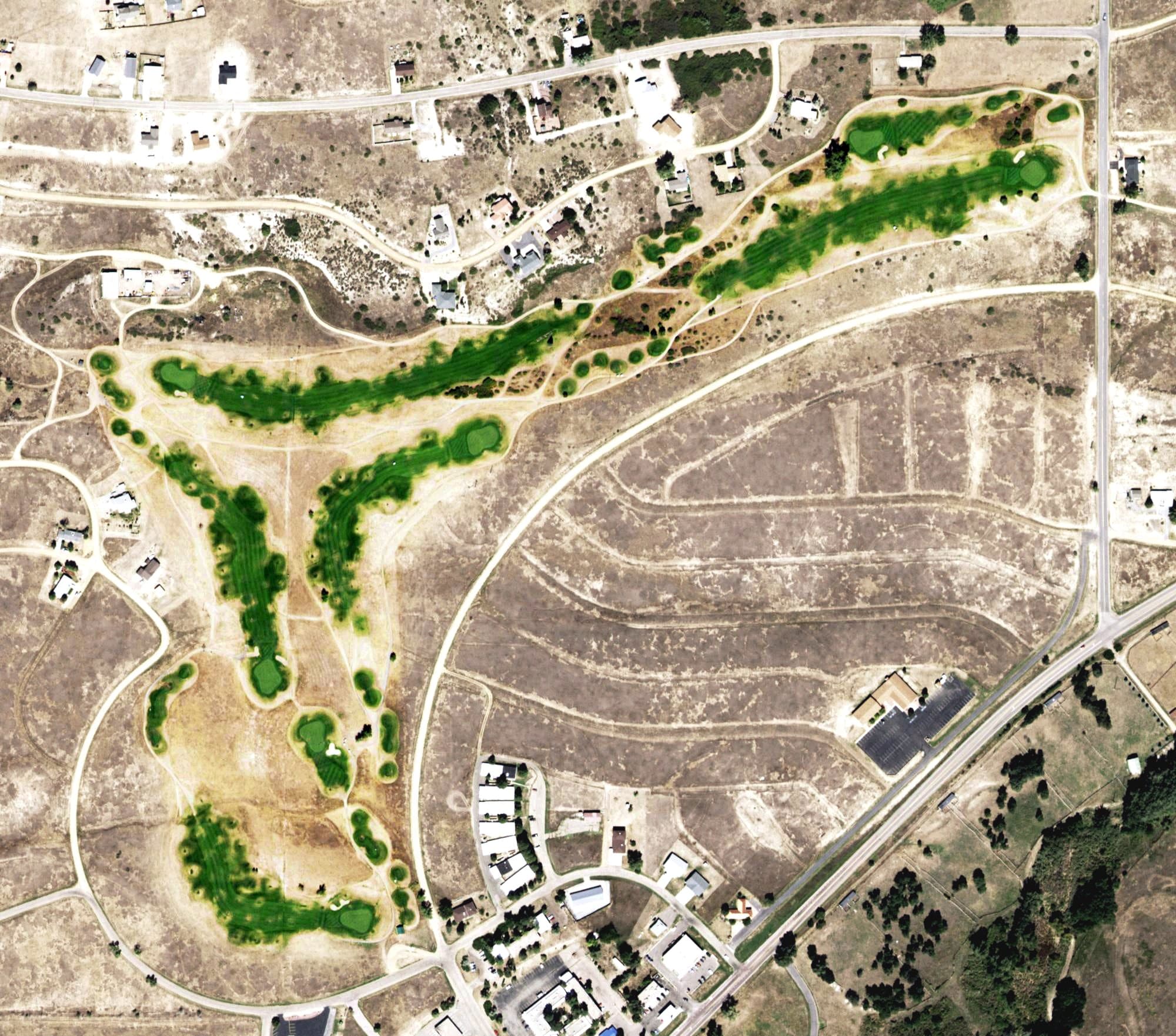 Aerial view of Hollydot Golf Course, CO, with its hole routing marked