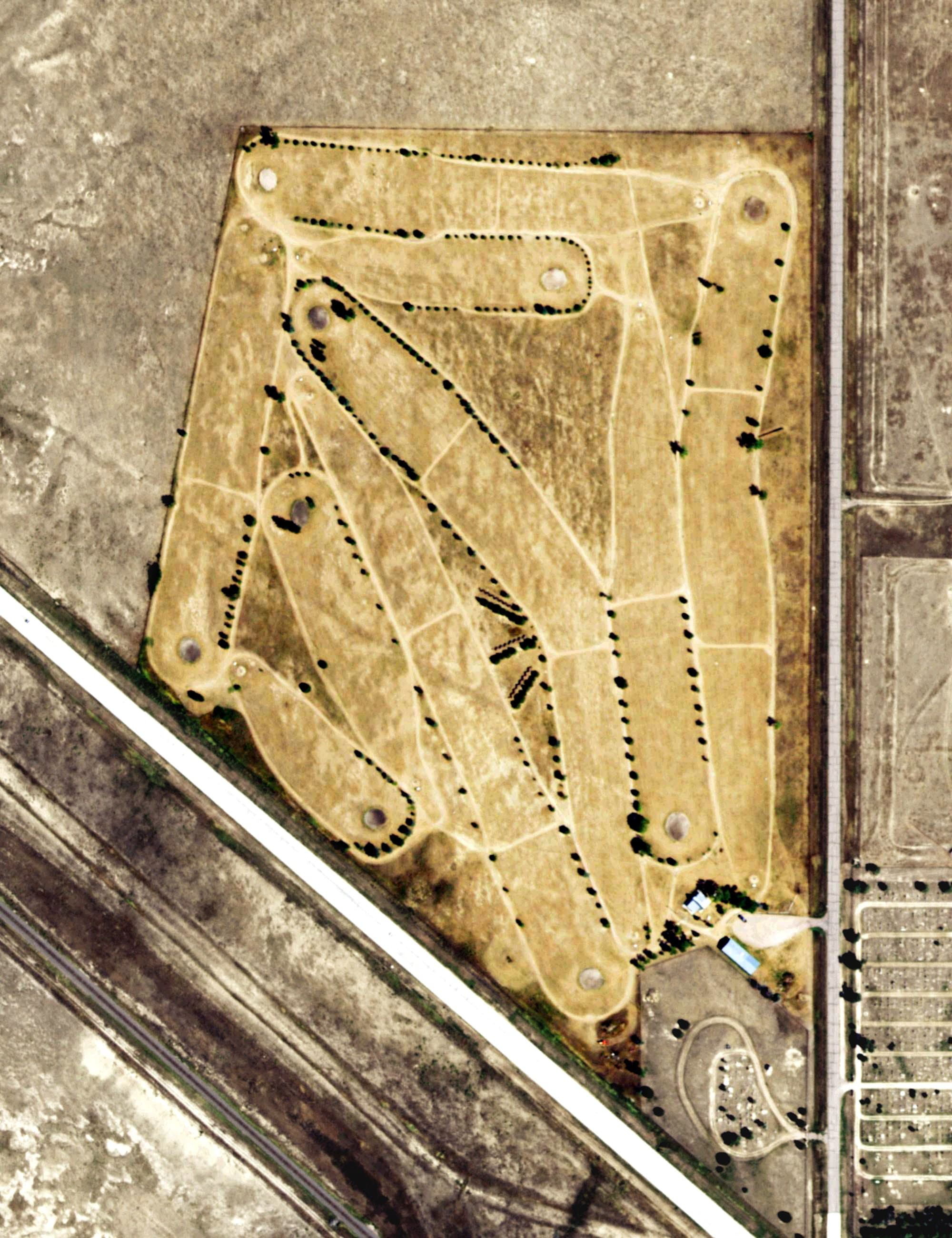 Aerial view of Hugo Golf Cource, CO, with its hole routing marked